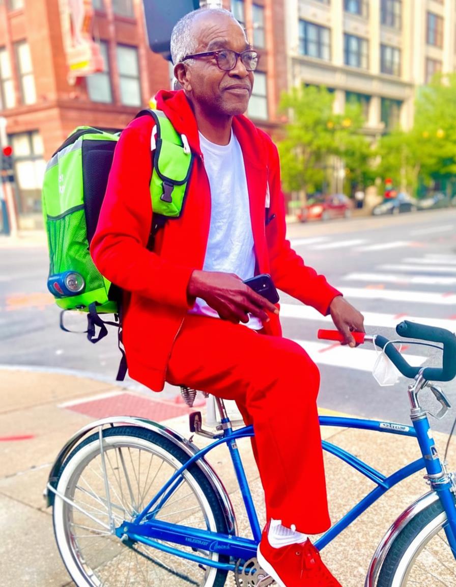 A man in red suit riding a blue bicycle