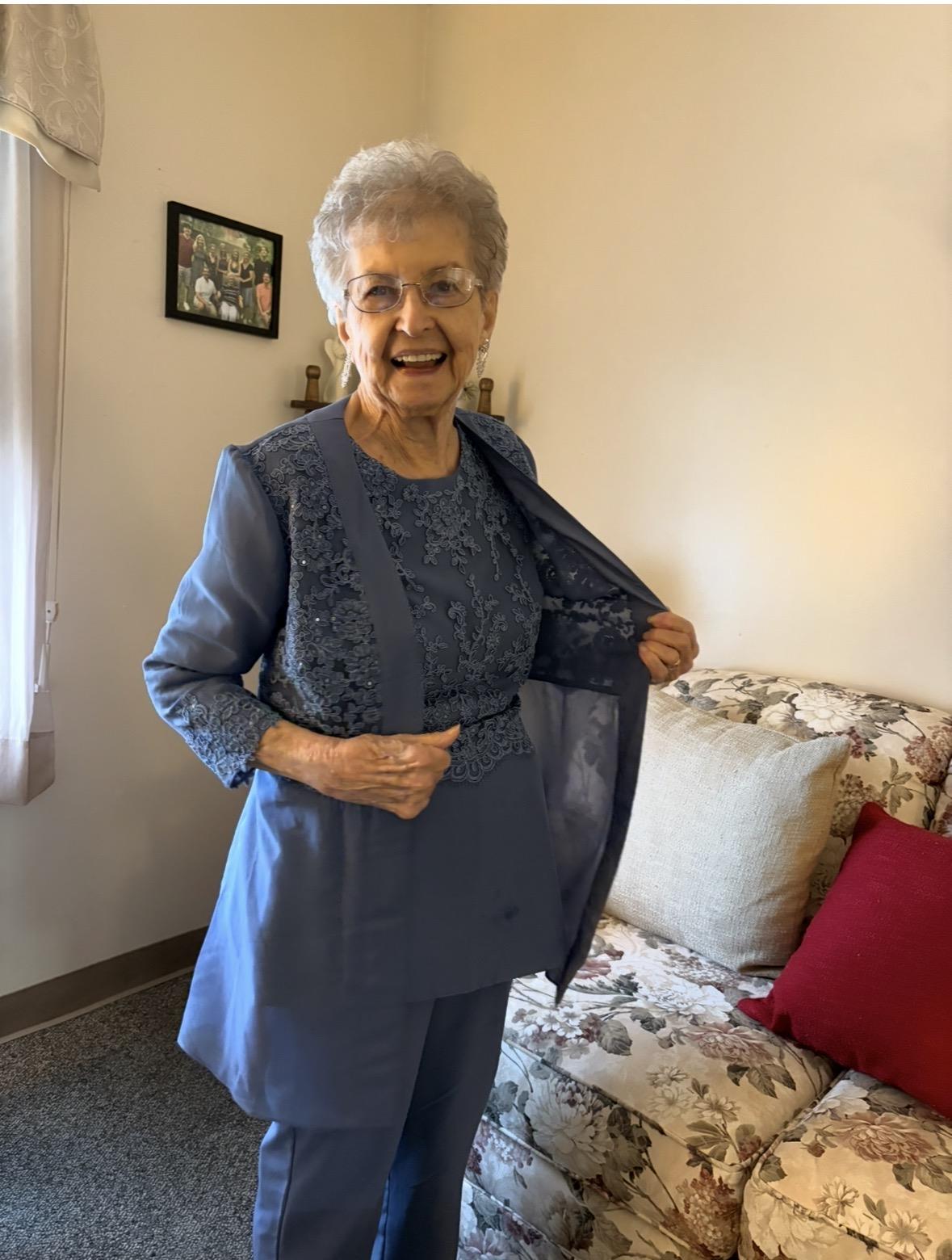 A woman in a blue dress