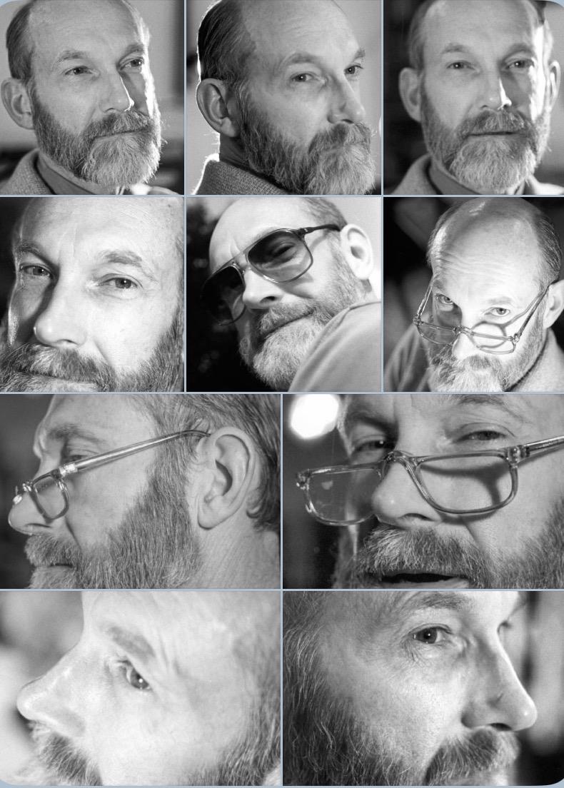 A collage of a man wearing glasses