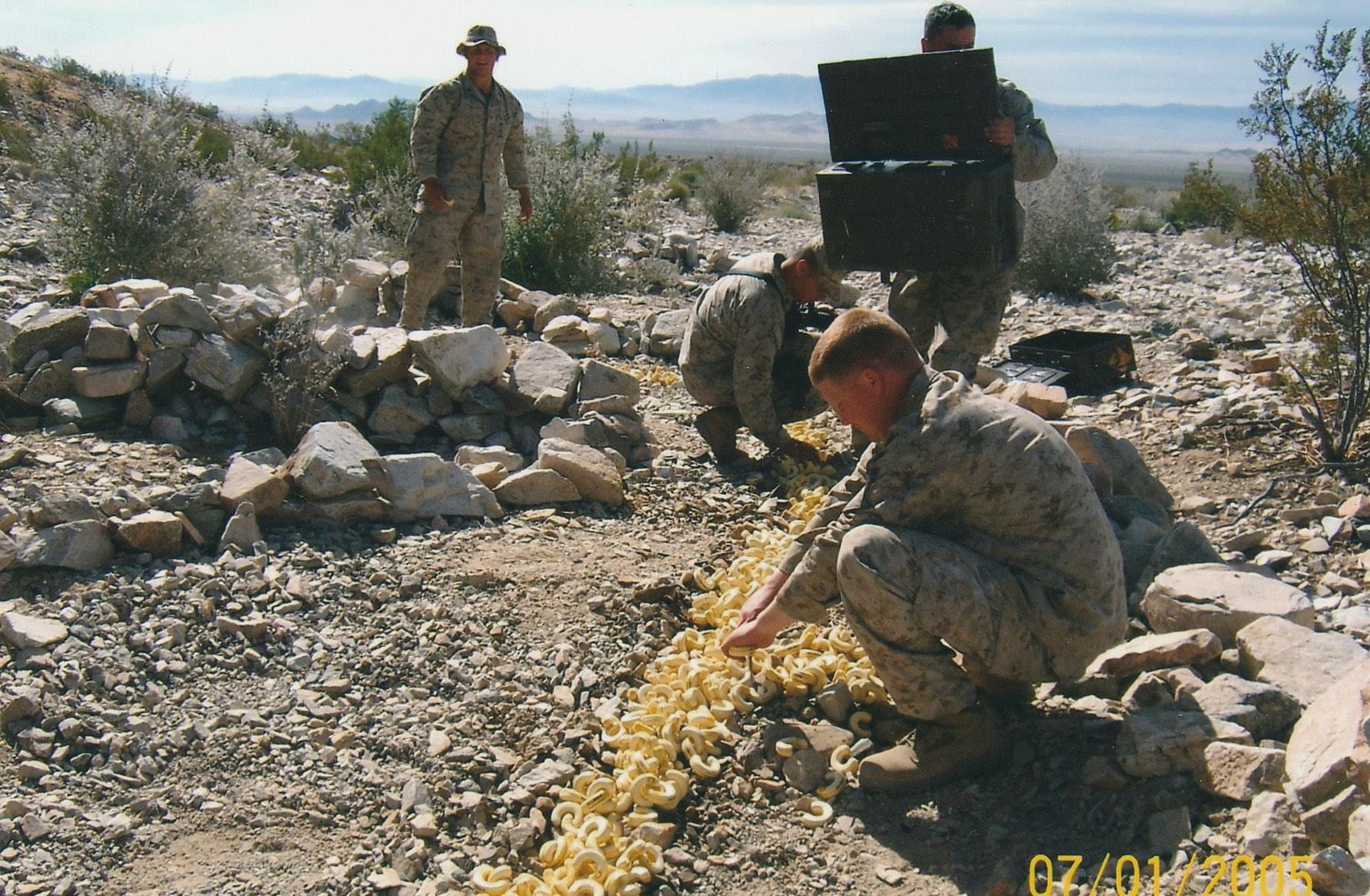 Several soldiers picking bananas in the desert