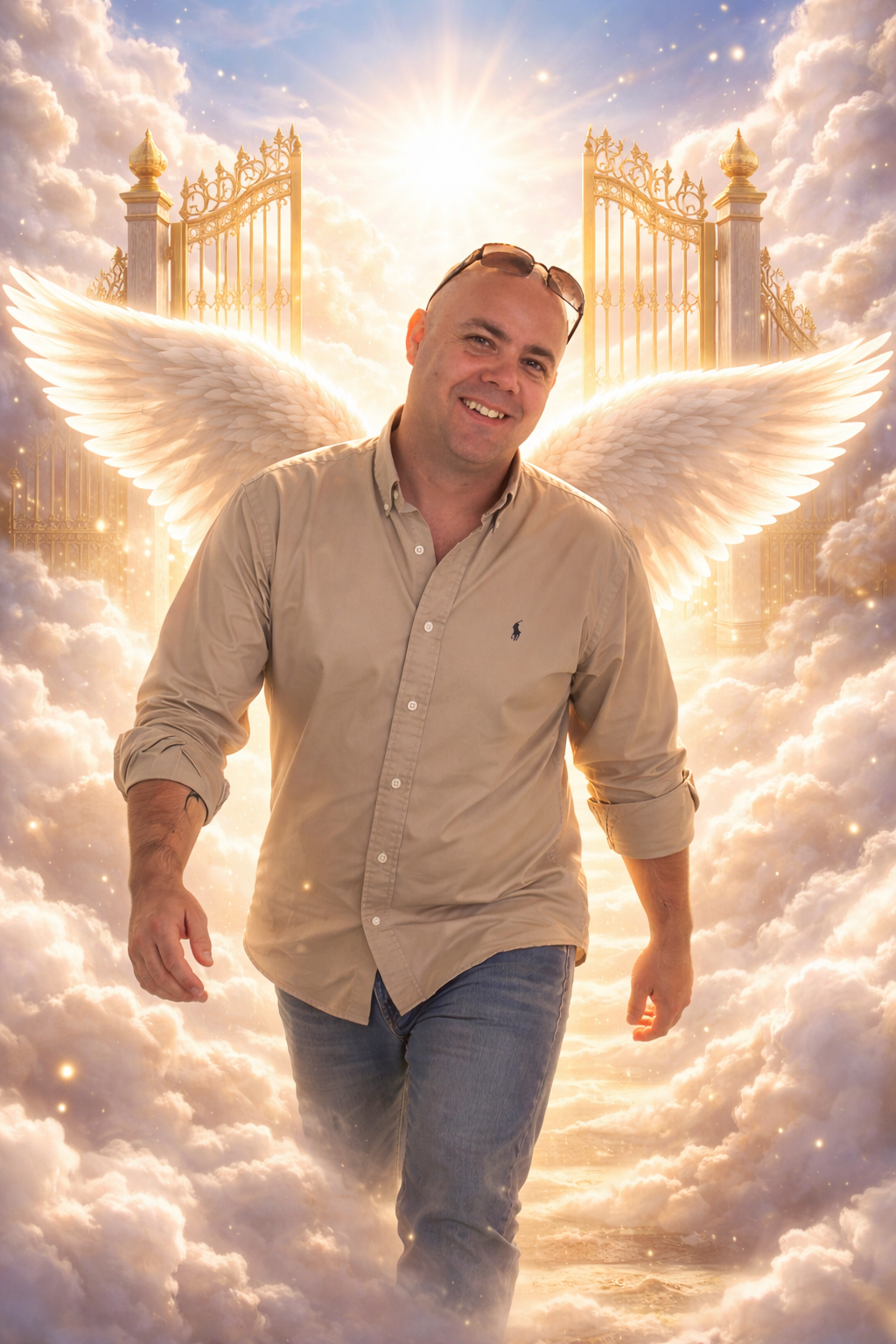 A man wearing a brown shirt and jeans with wings