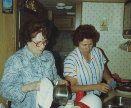 A couple of women washing dishes
