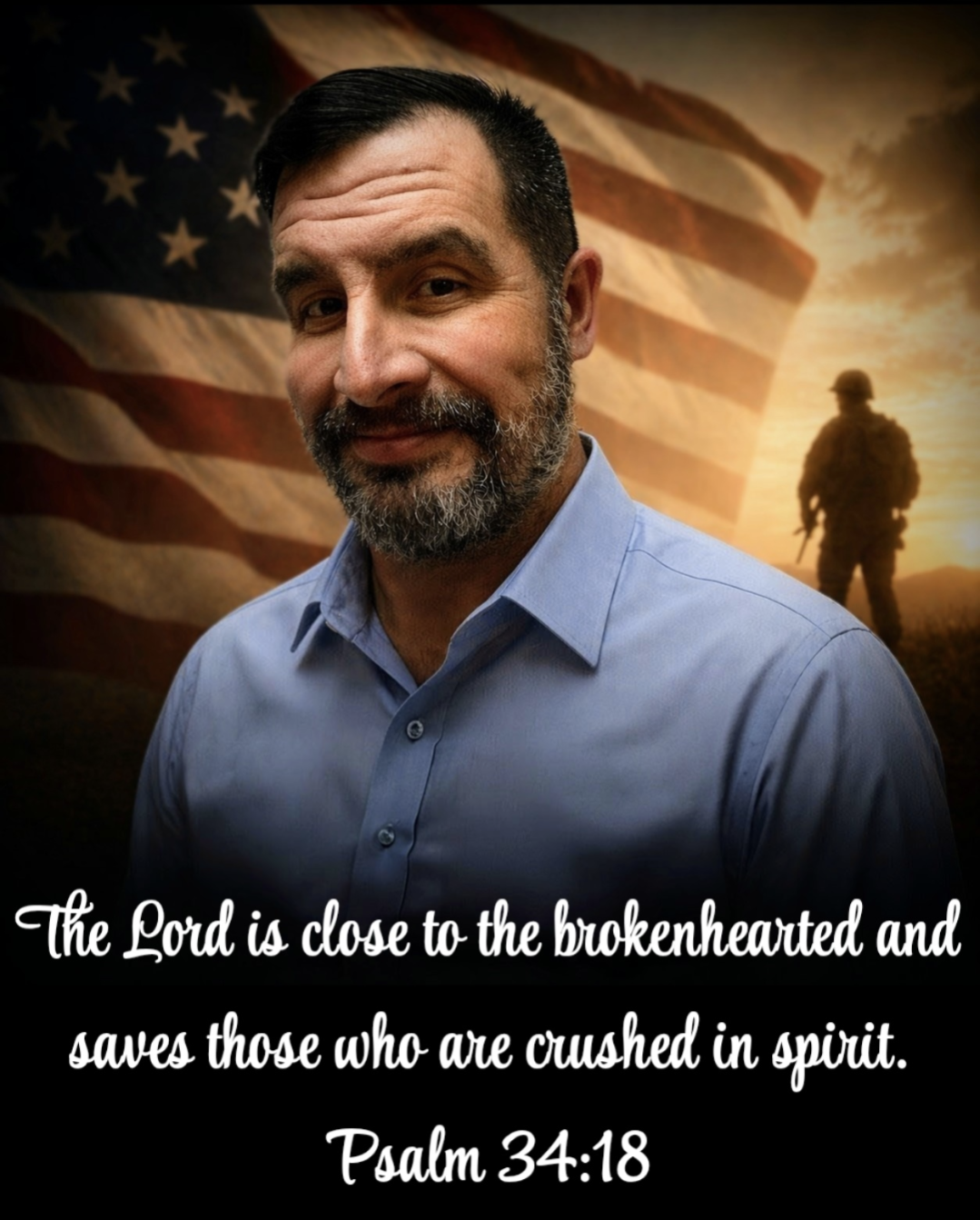 A man in front of a flag