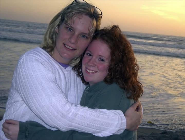 A couple of women hugging on a beach