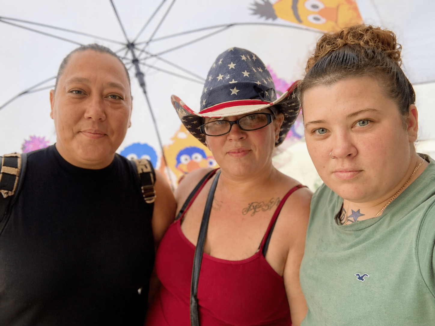 A group of women posing for a picture under an umbrella