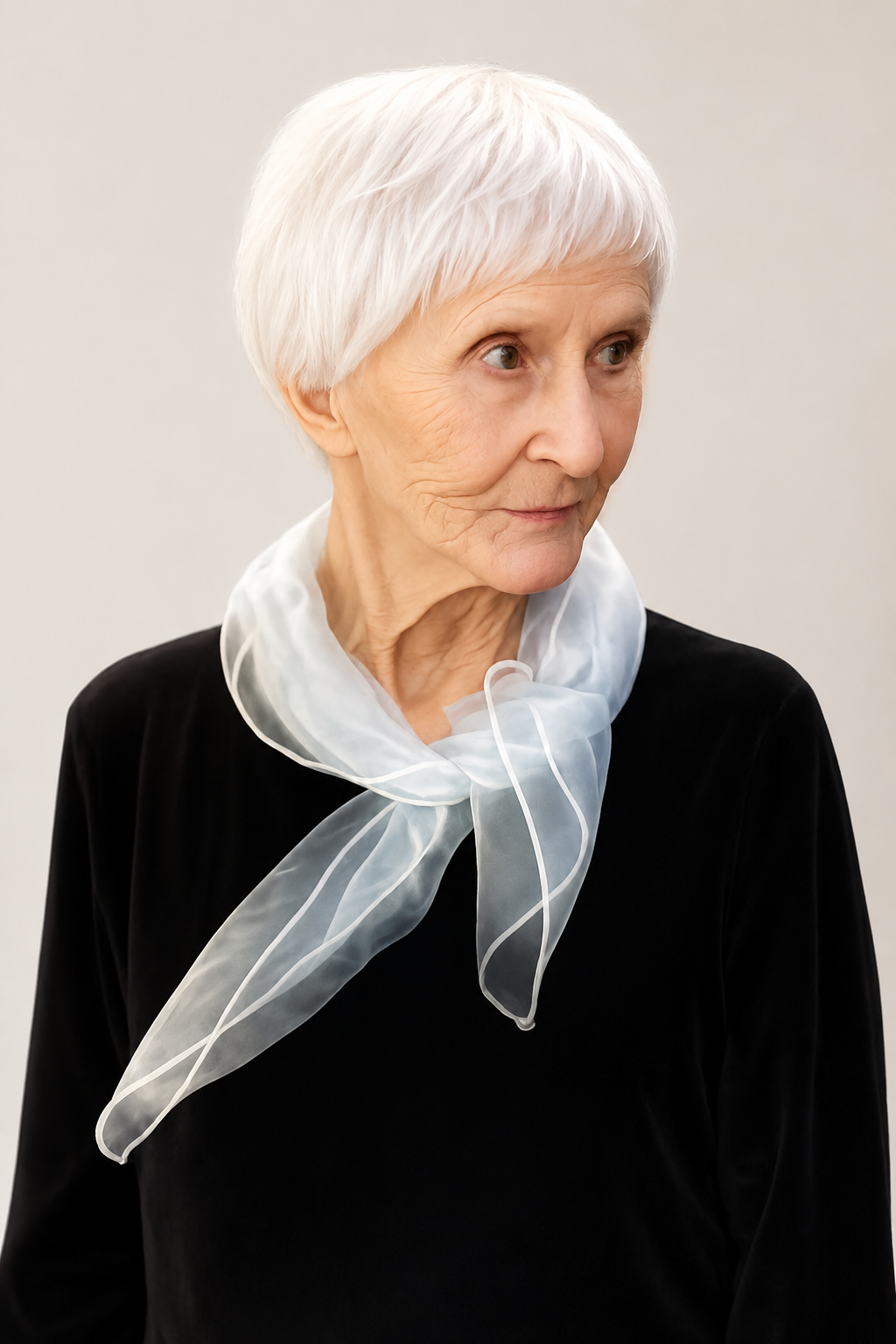 A woman with white hair and a scarf around her neck