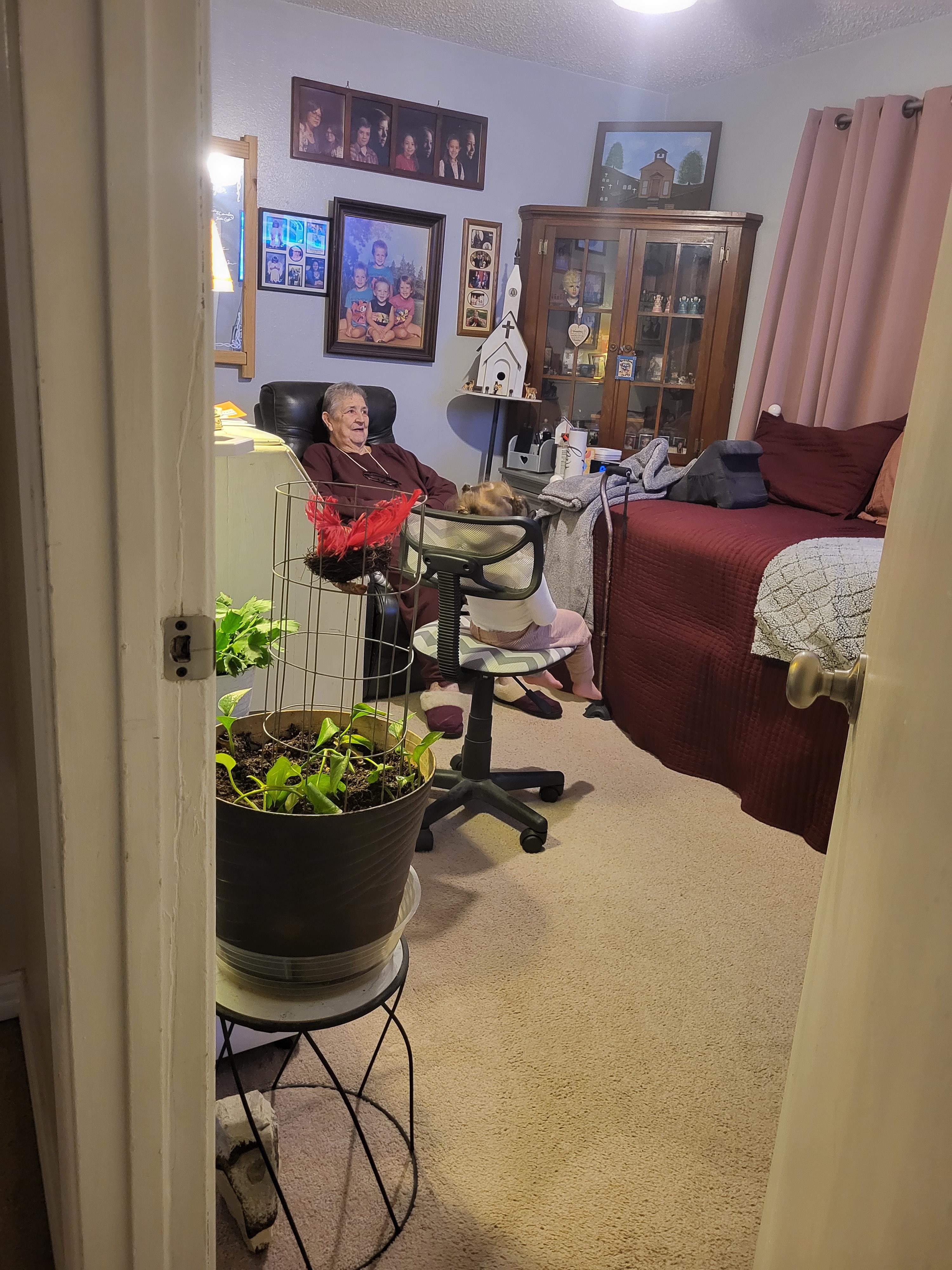 A woman sitting in a chair in a room with a plant
