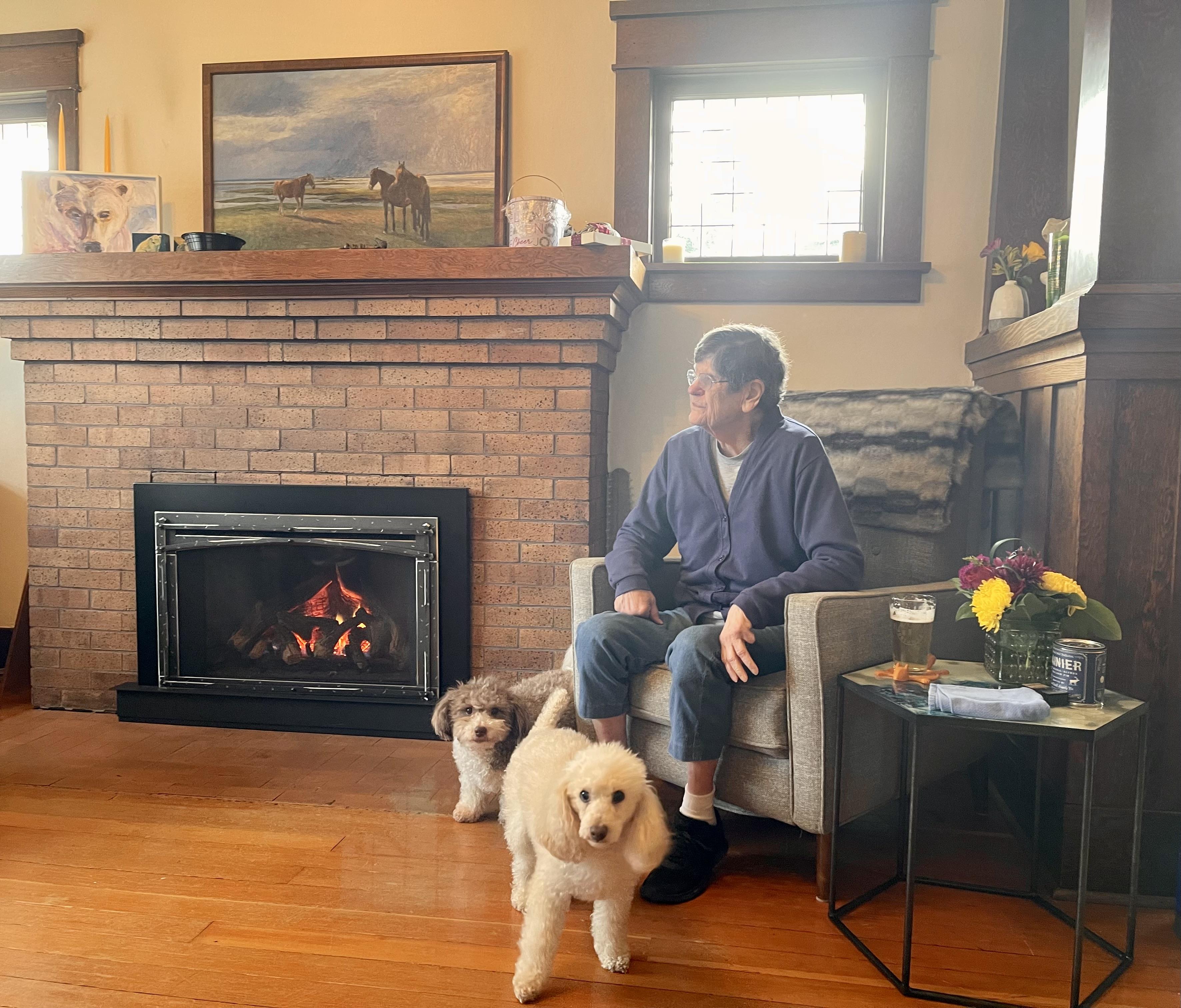 A man sitting in a chair with two dogs