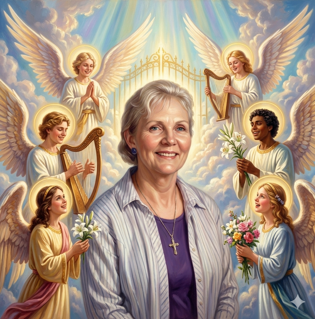 A woman with angels and flowers