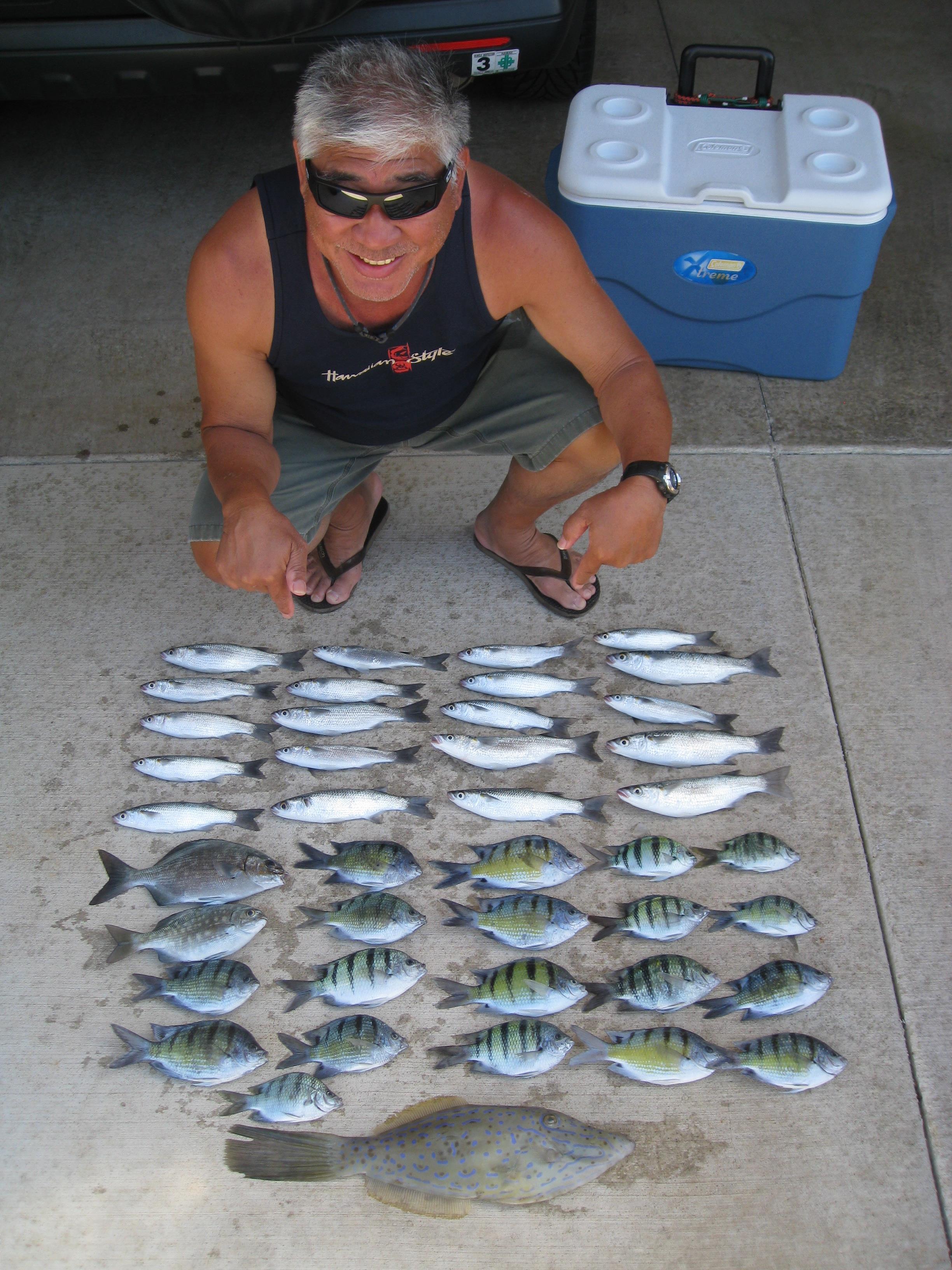 A man kneeling next to many fish