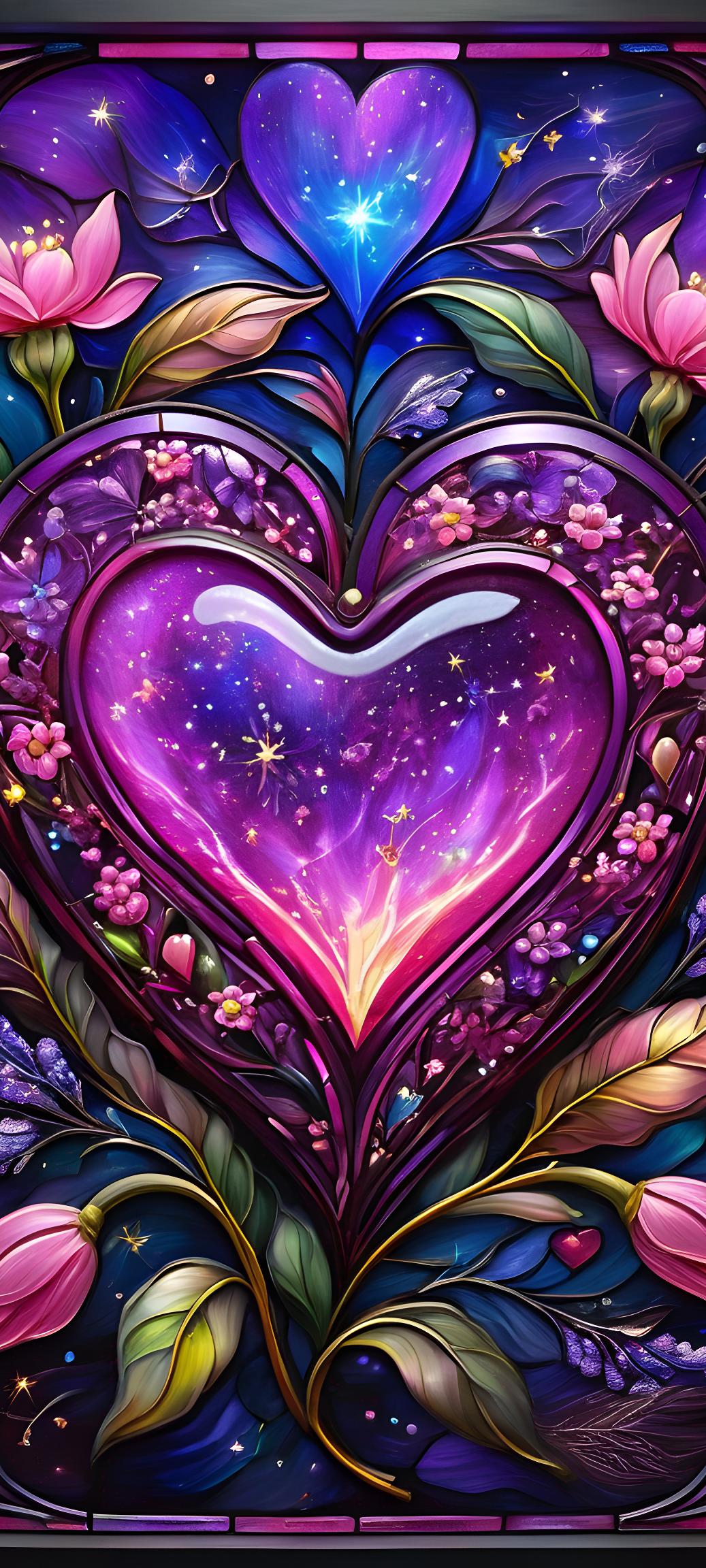 A purple heart with flowers and leaves
