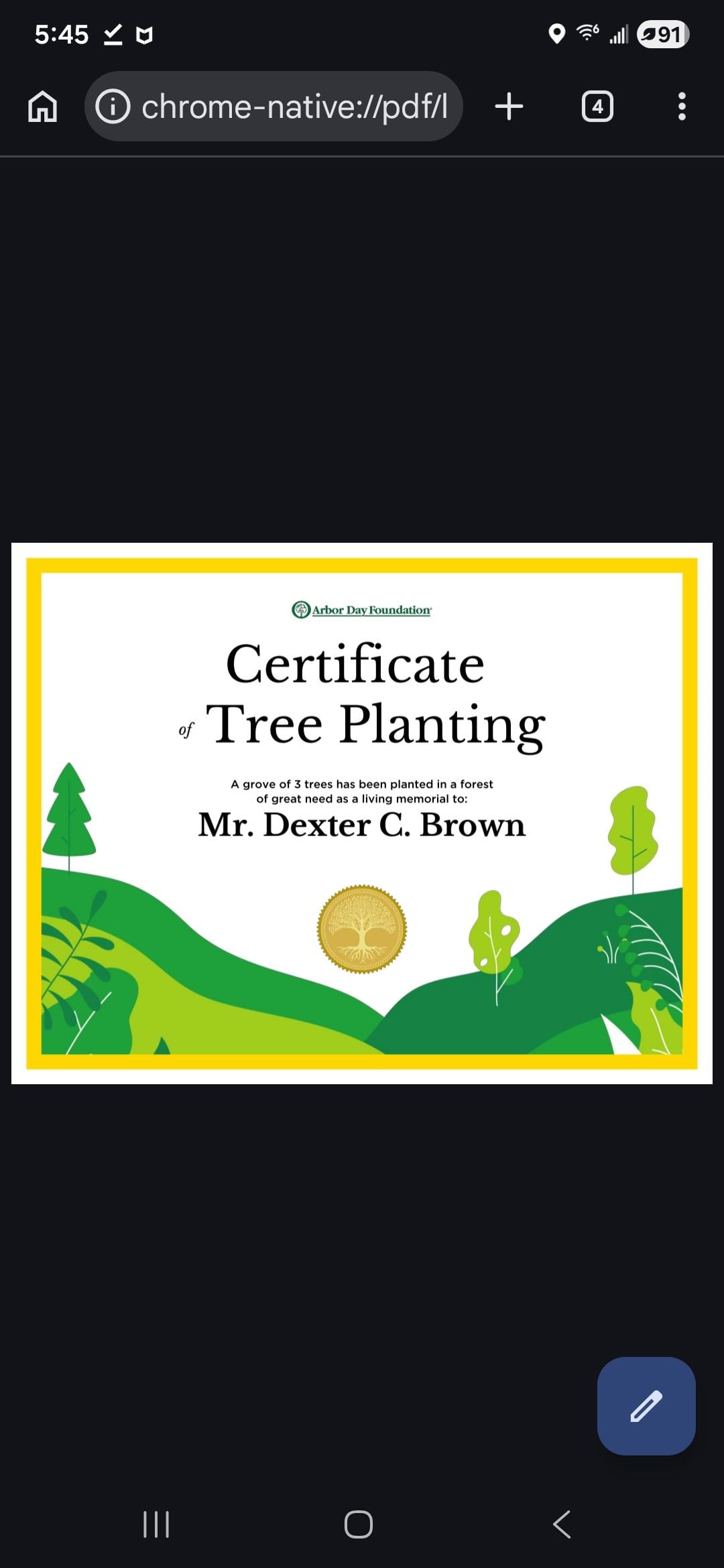 A certificate of a tree planting