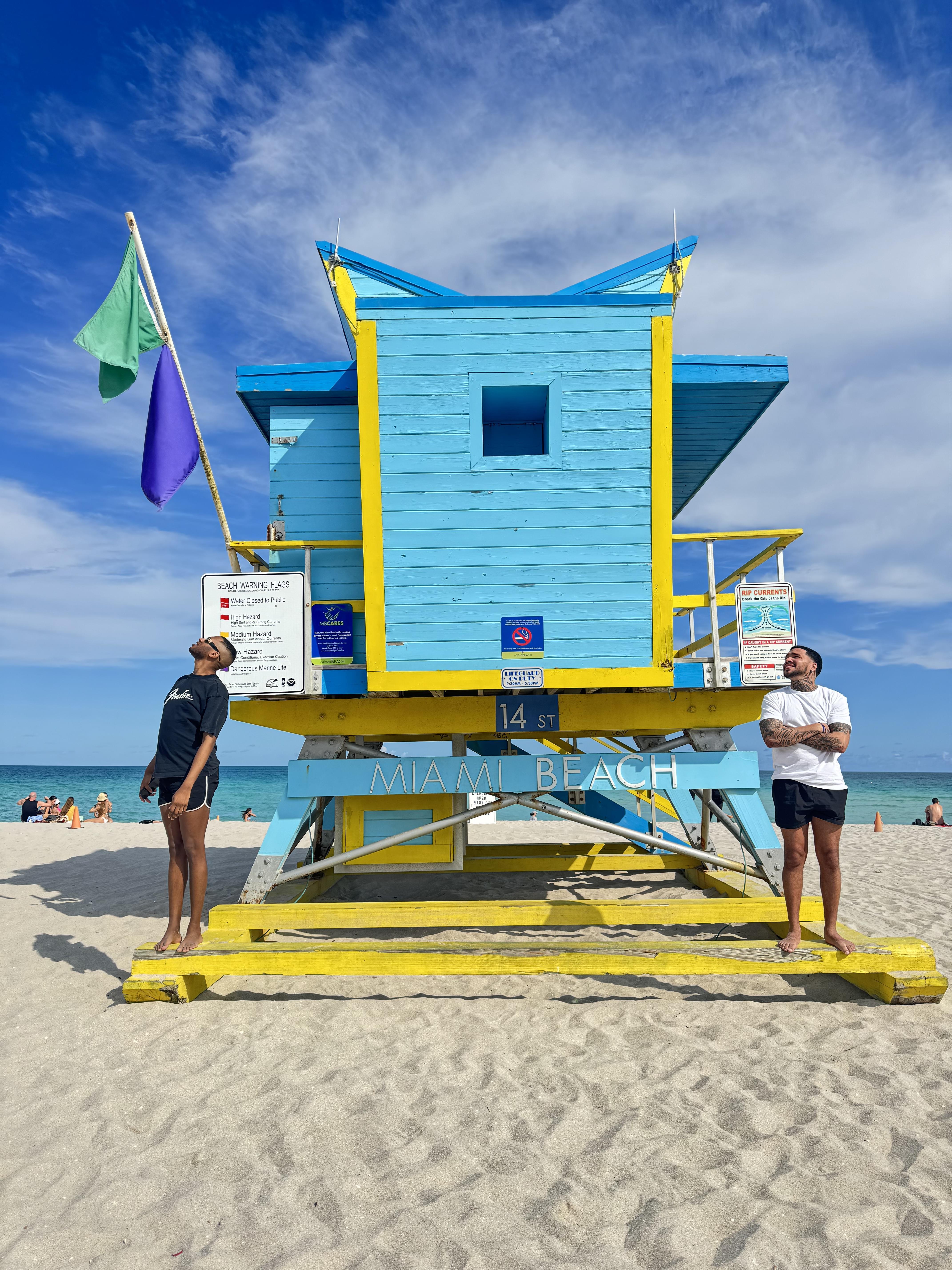 A blue and yellow lifeguard tower on a beach
