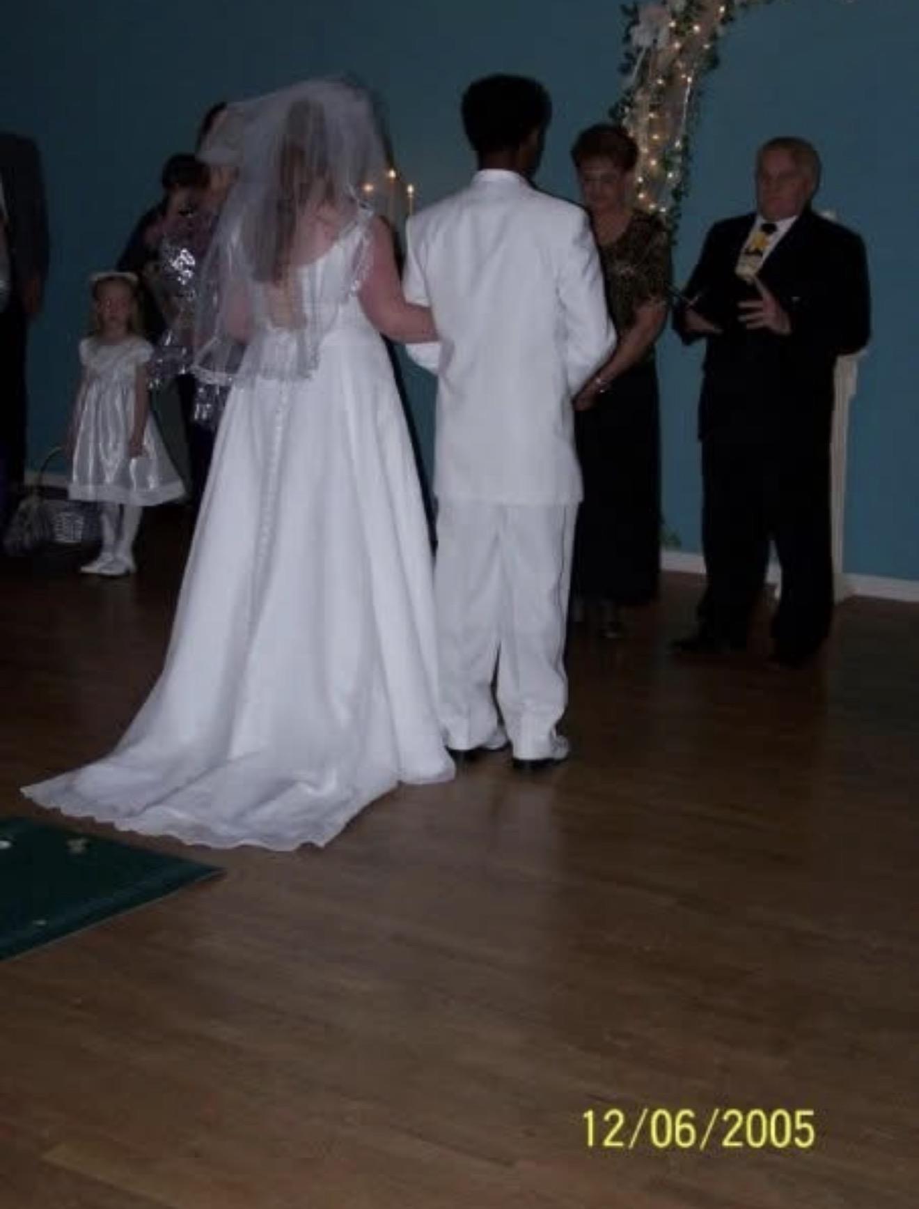 A bride and groom dancing