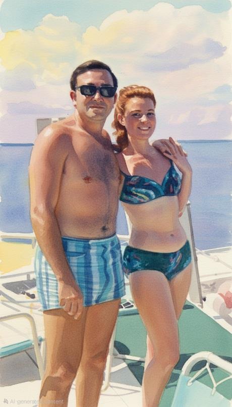 A man and woman in swimsuits on a boat