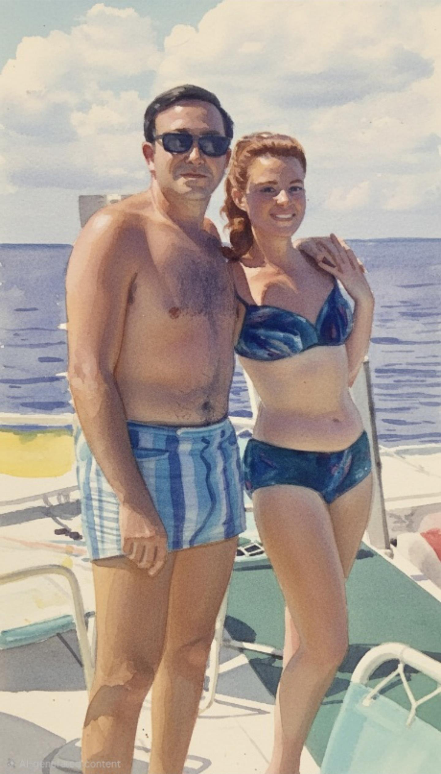 A man and woman in swimsuits on a boat