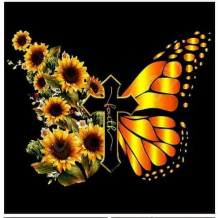 A butterfly with sunflowers and a cross