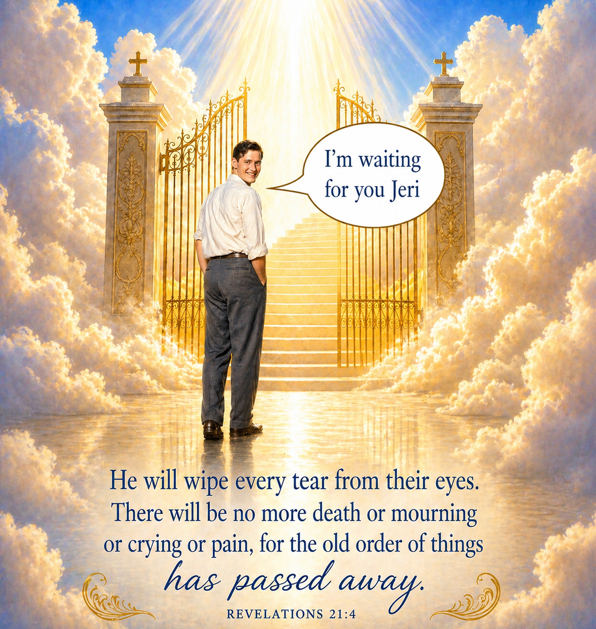 A man standing on a stairway leading to a gate