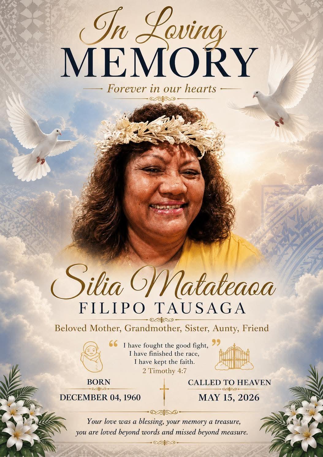 A woman with a wreath on her head and white text