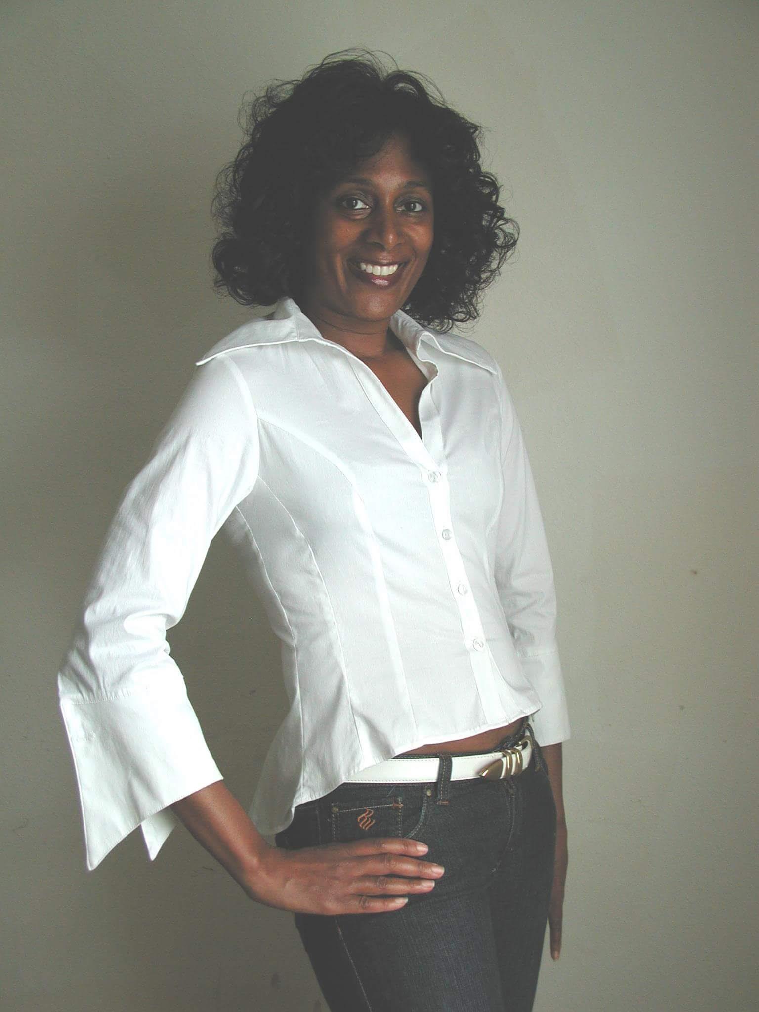 A woman in a white shirt