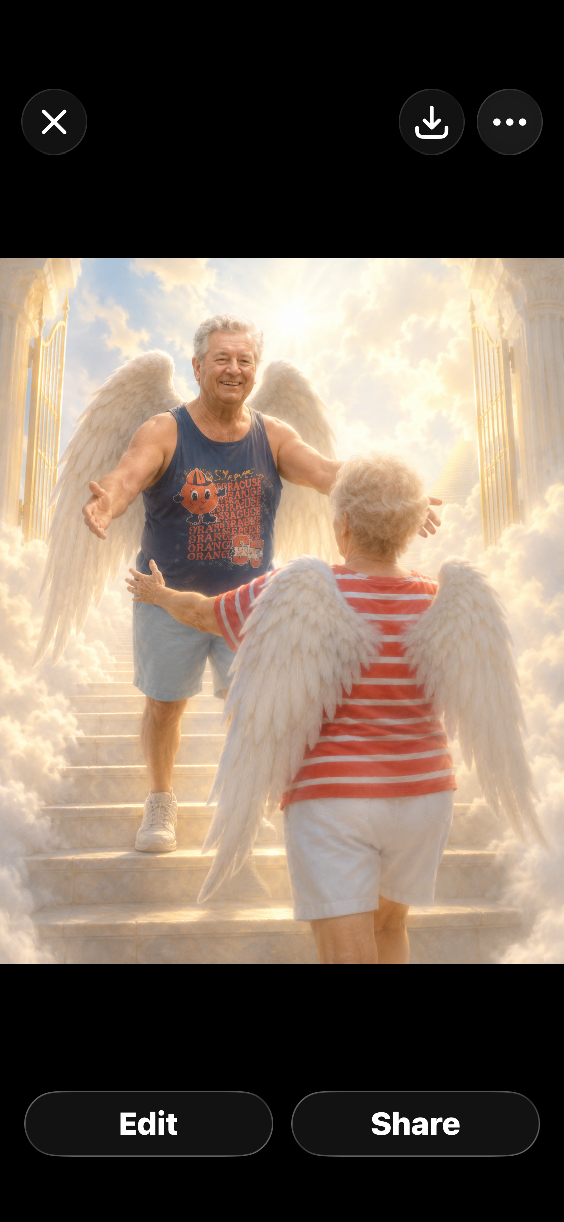 A man and woman with wings walking up stairs