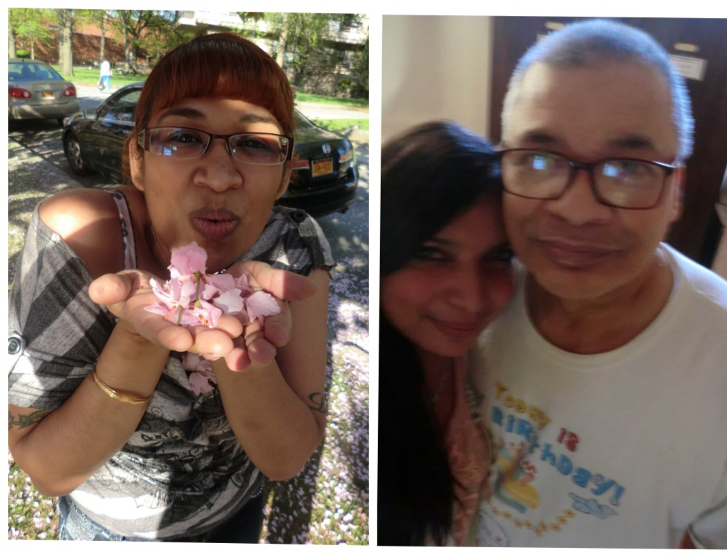 A collage of a woman and a man holding flowers