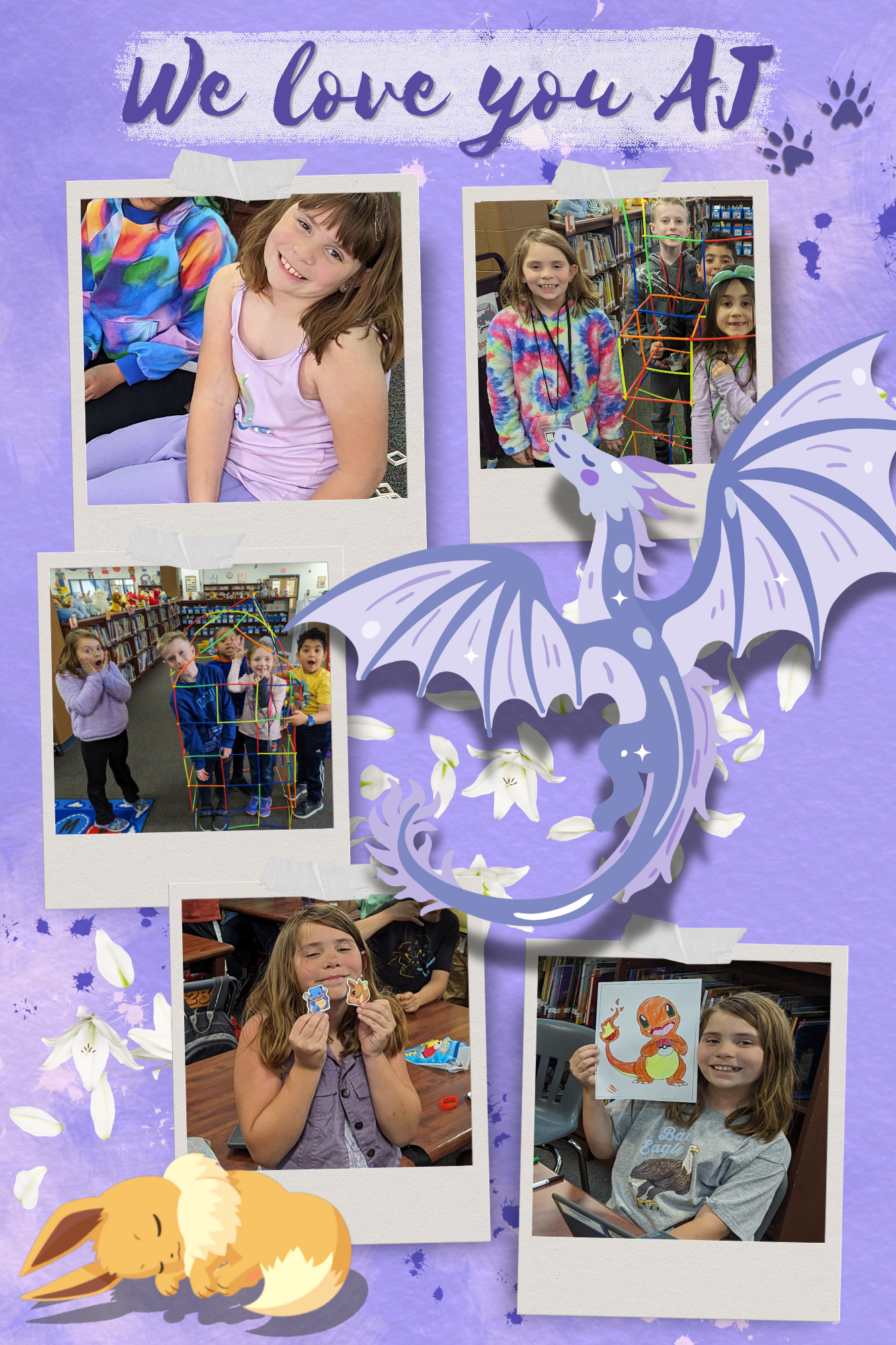 A collage of pictures of a girl and a dragon