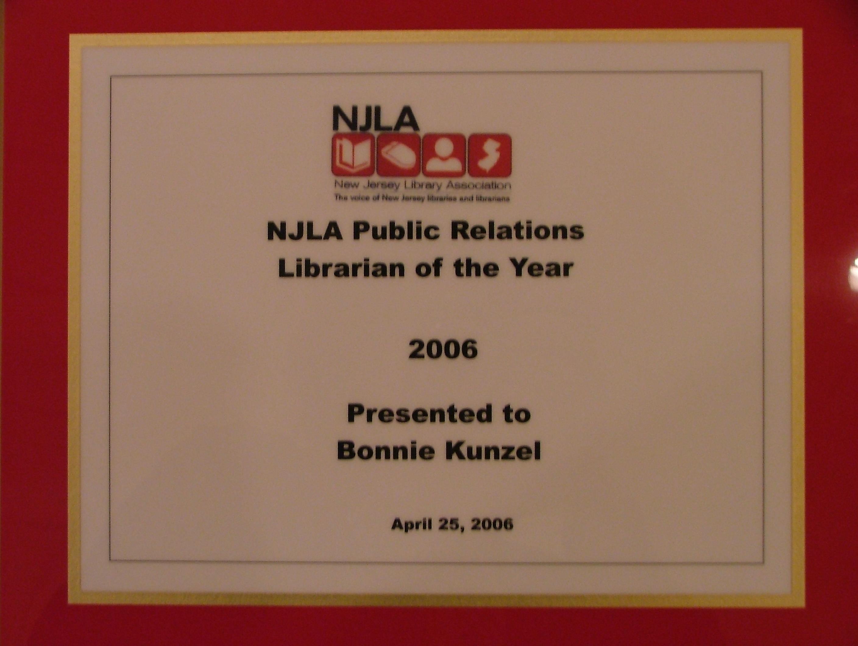 A certificate of appreciation for a library