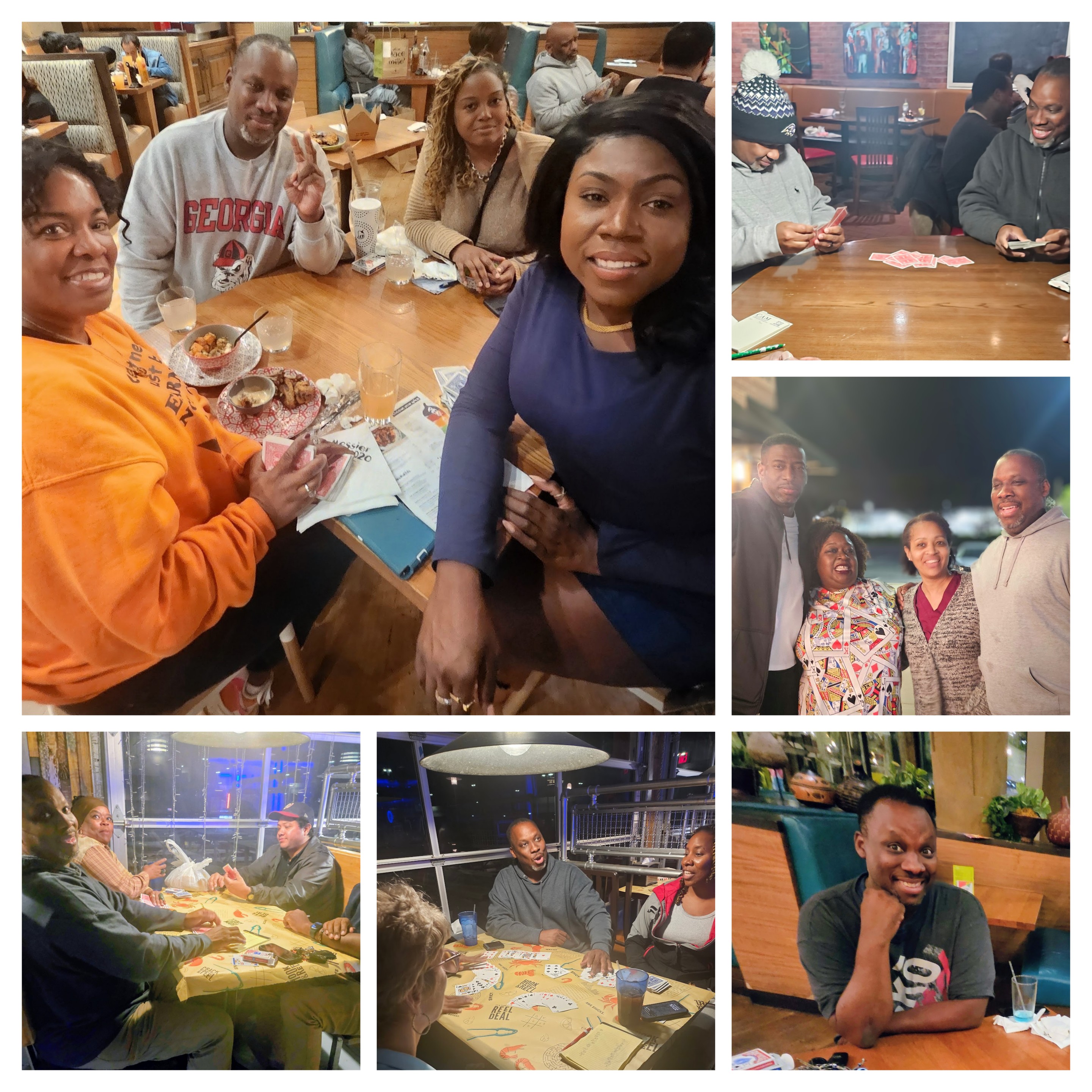 A collage of people sitting at a table