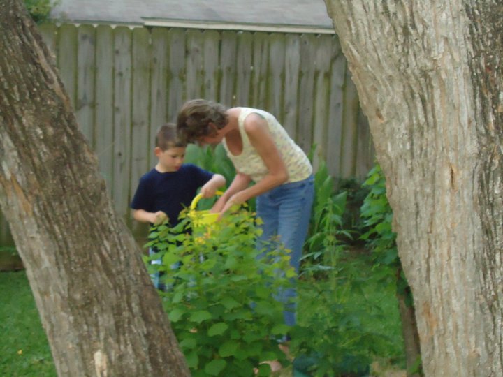 A woman and boy in a garden