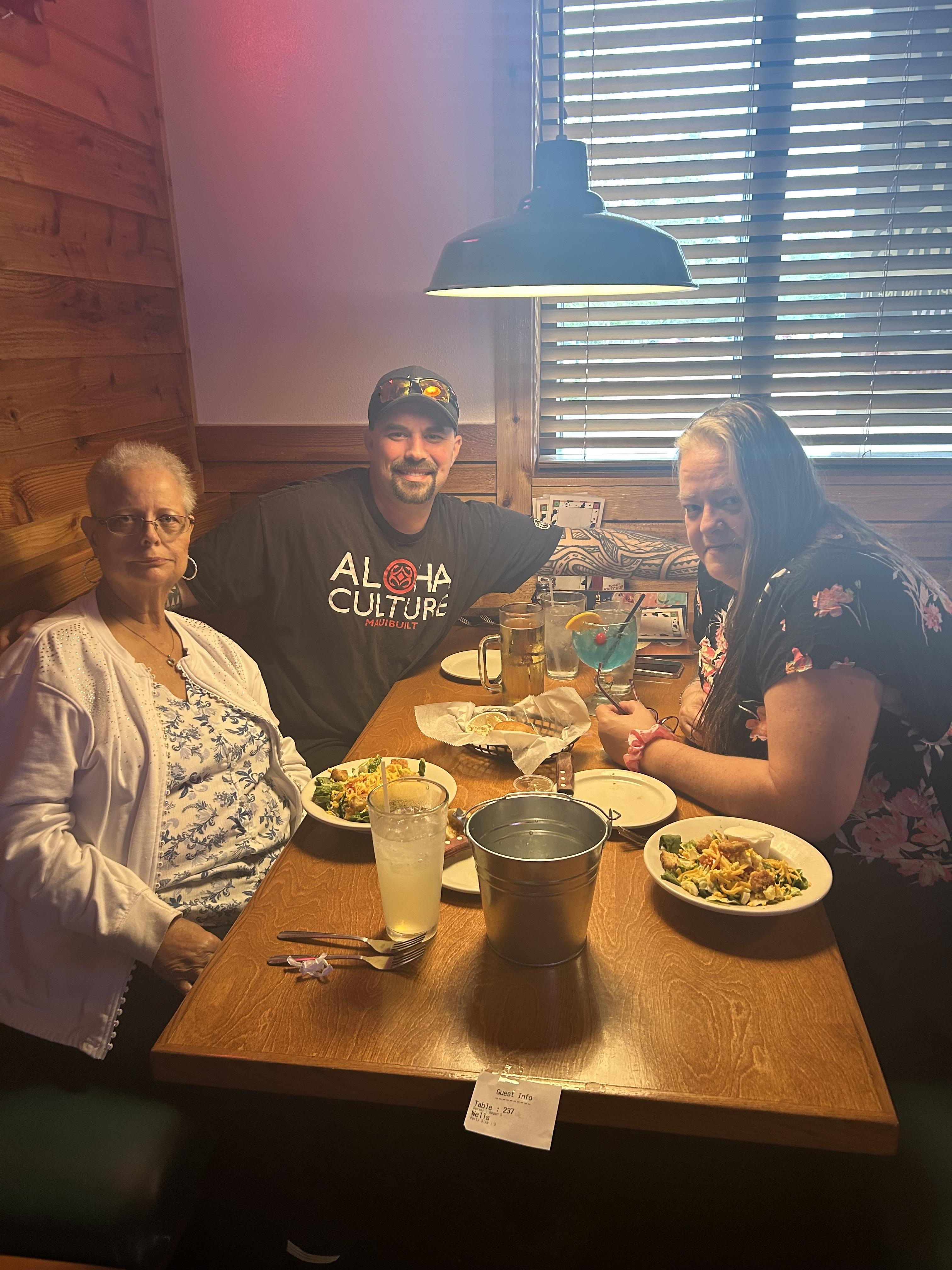 A group of people sitting at a table with food