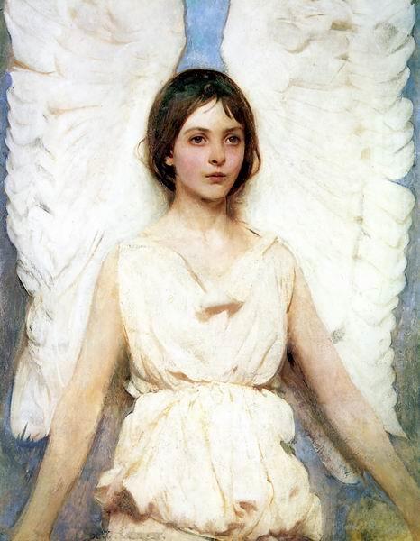 A painting of a woman with white wings
