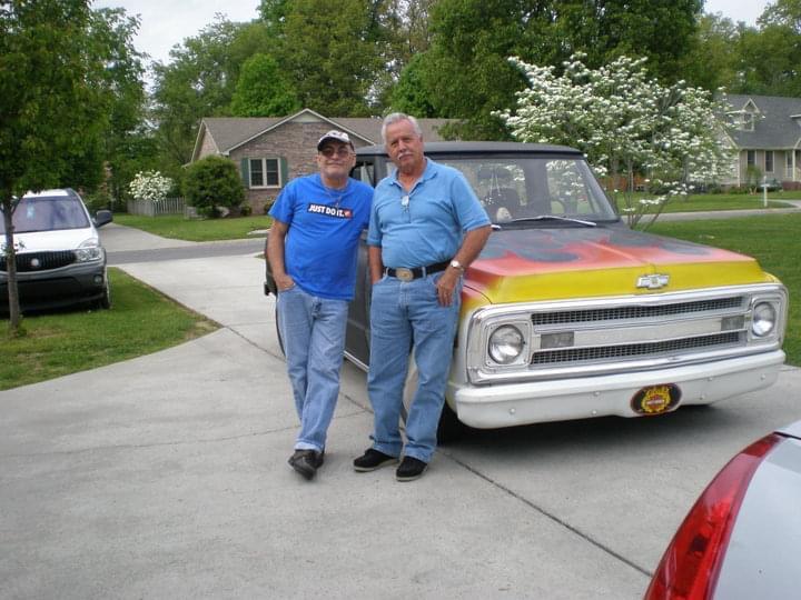 A couple of men standing next to a car