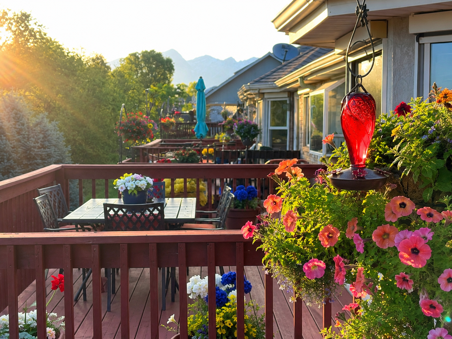 A deck with flowers and a table