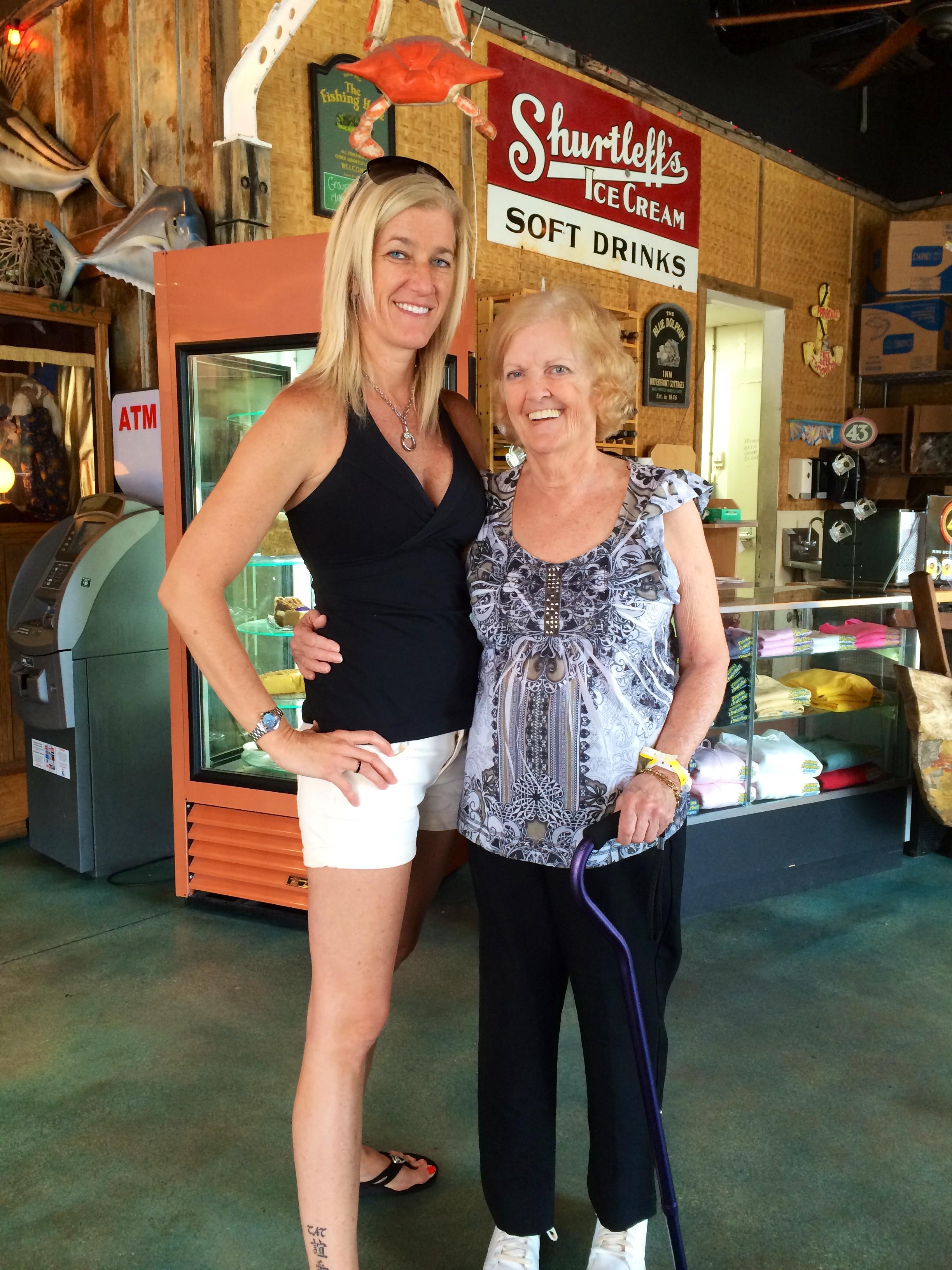 Two women standing in front of a store