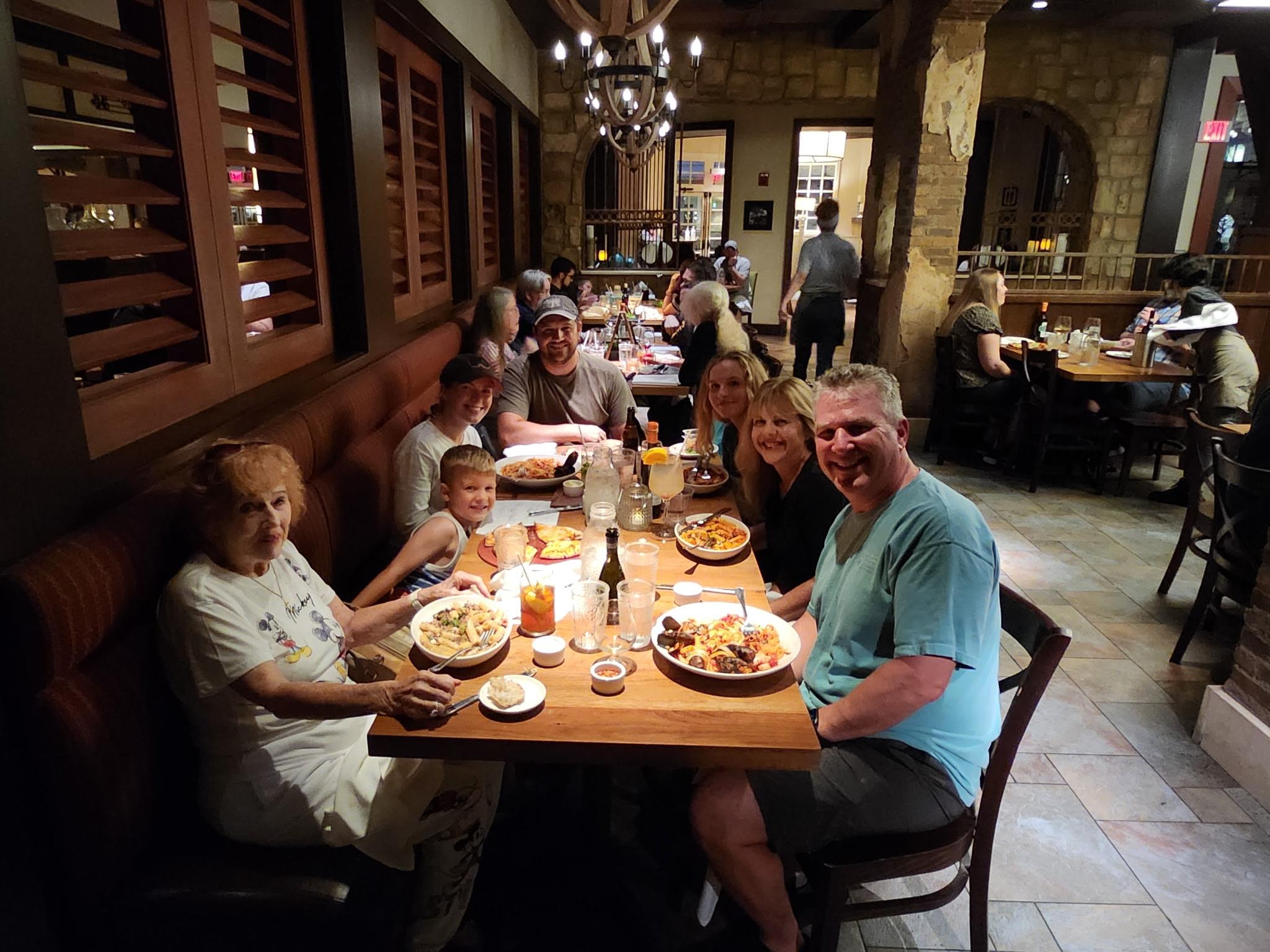 A group of people sitting at a table with food