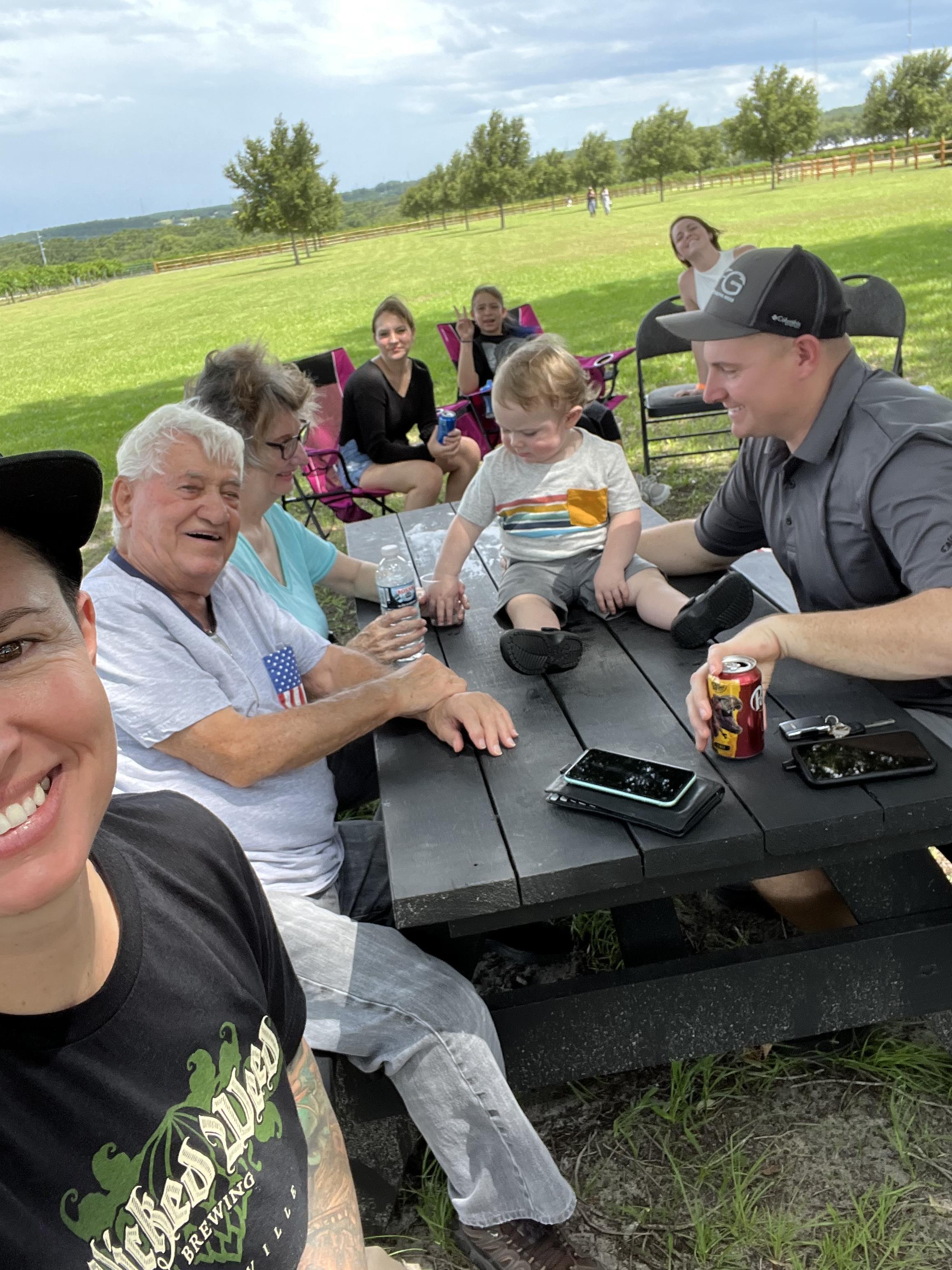 A group of people sitting at a picnic table
