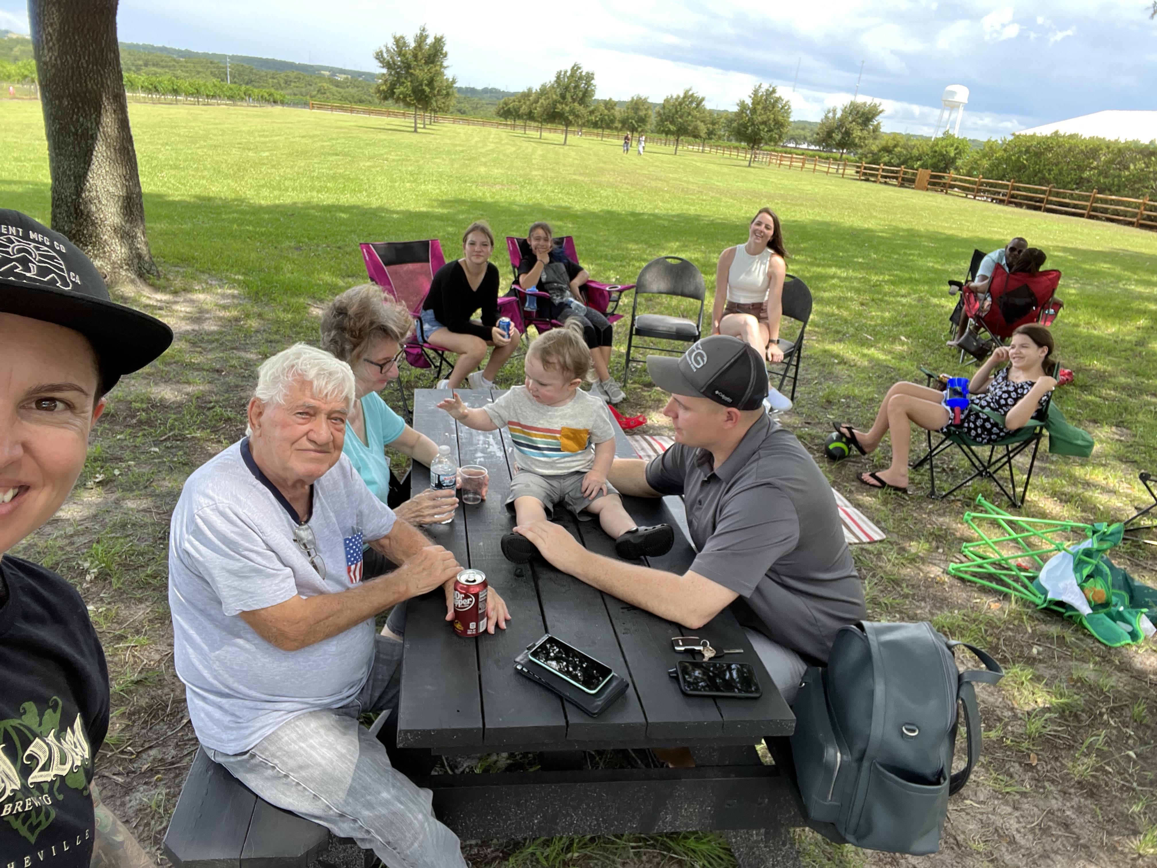 A group of people sitting at a picnic table