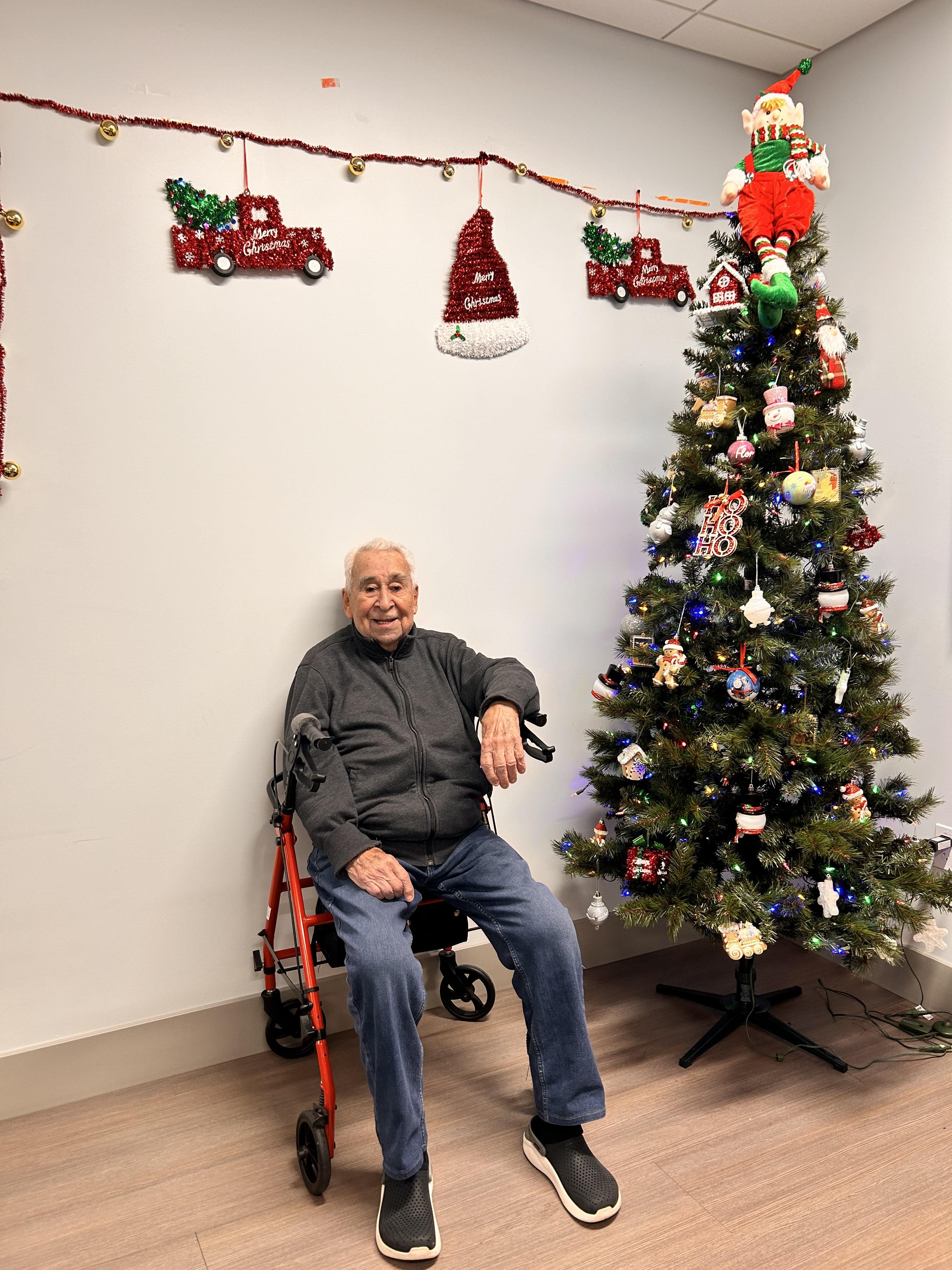 A man sitting in a wheelchair next to a christmas tree