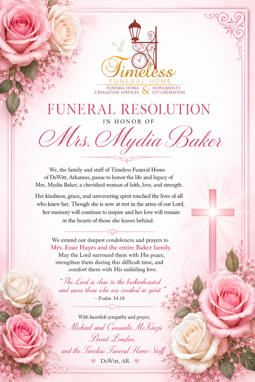 A pink and white funeral invitation