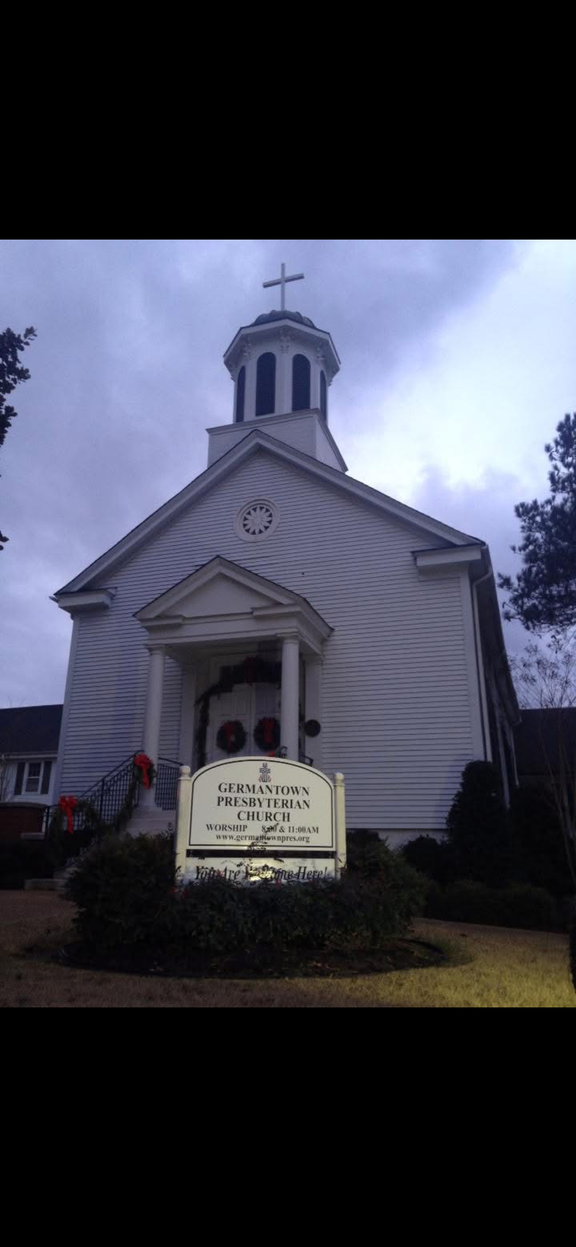 A church with a sign