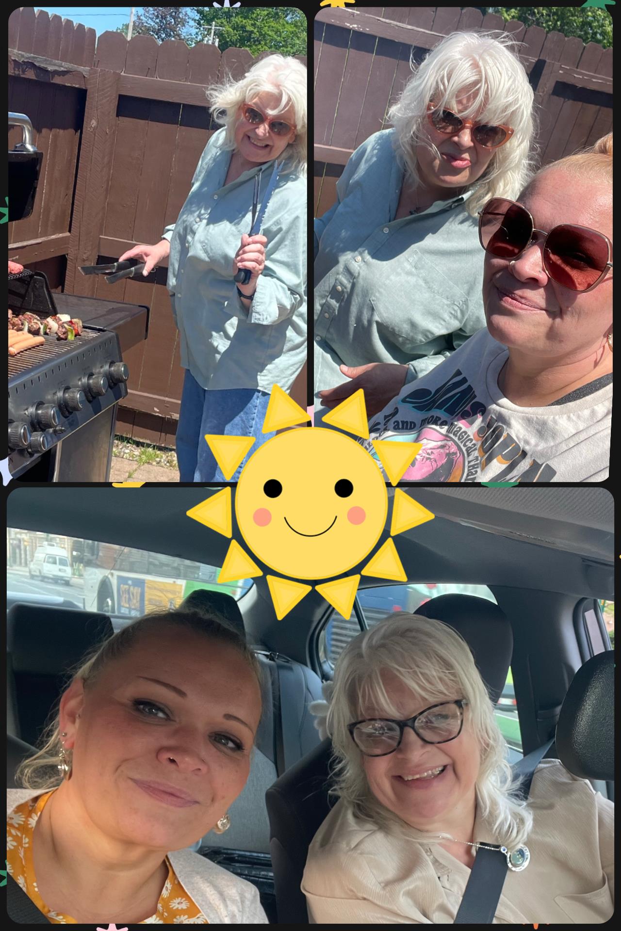 A collage of a woman in a car
