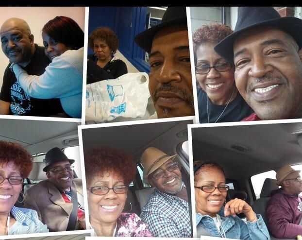 A collage of a man and a woman in a car