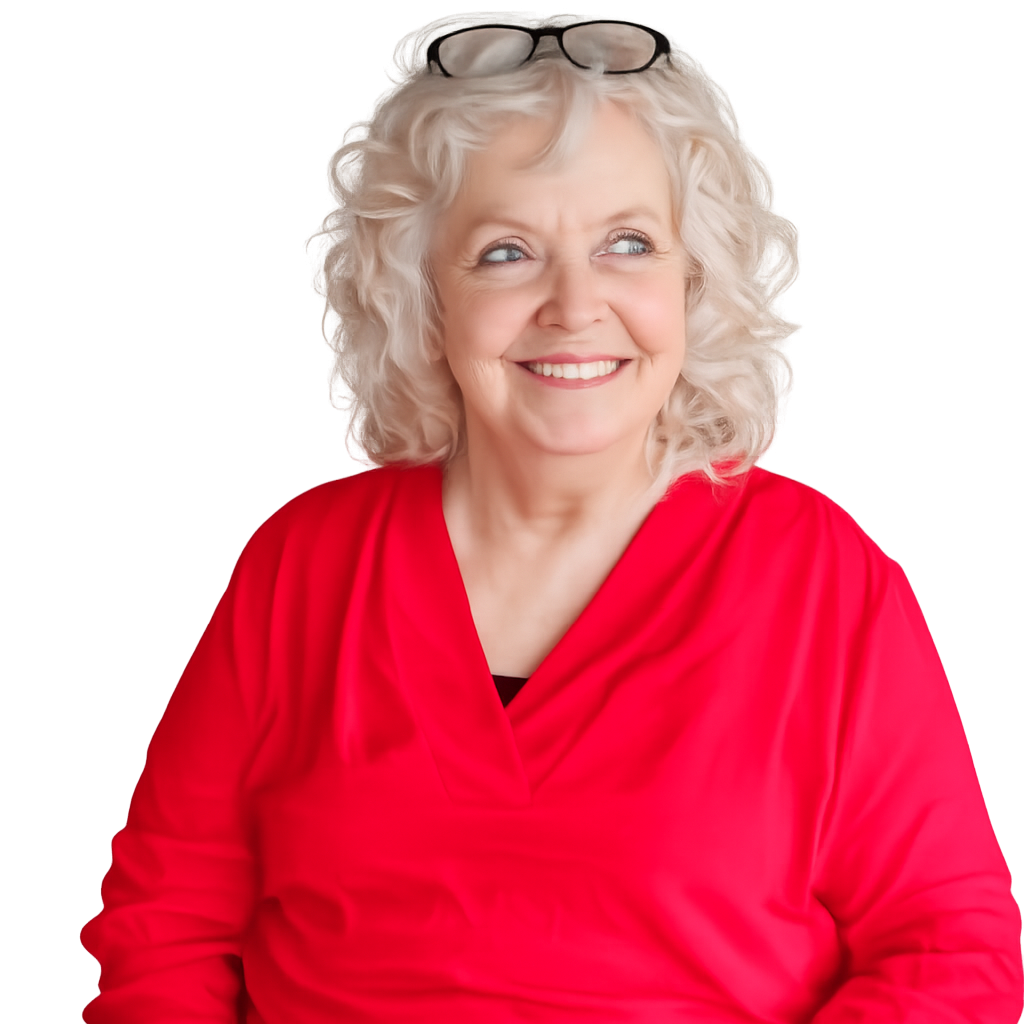 A woman in a red shirt