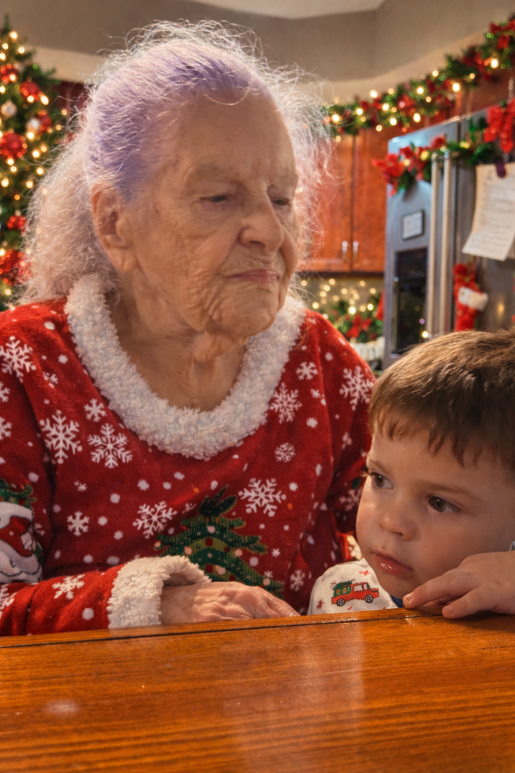 An old woman and a young boy in a christmas outfit