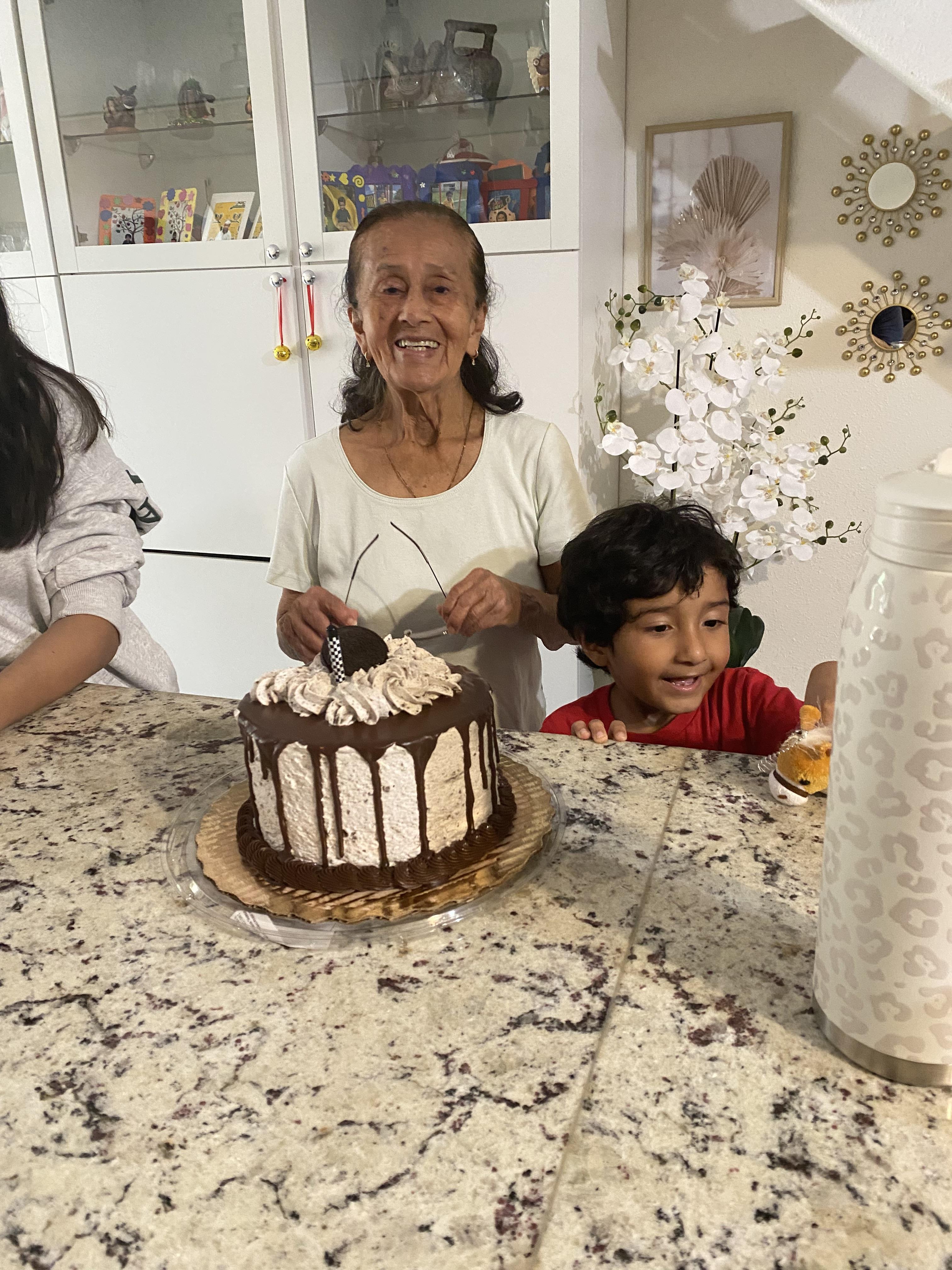 A woman and boy sitting at a table with a cake