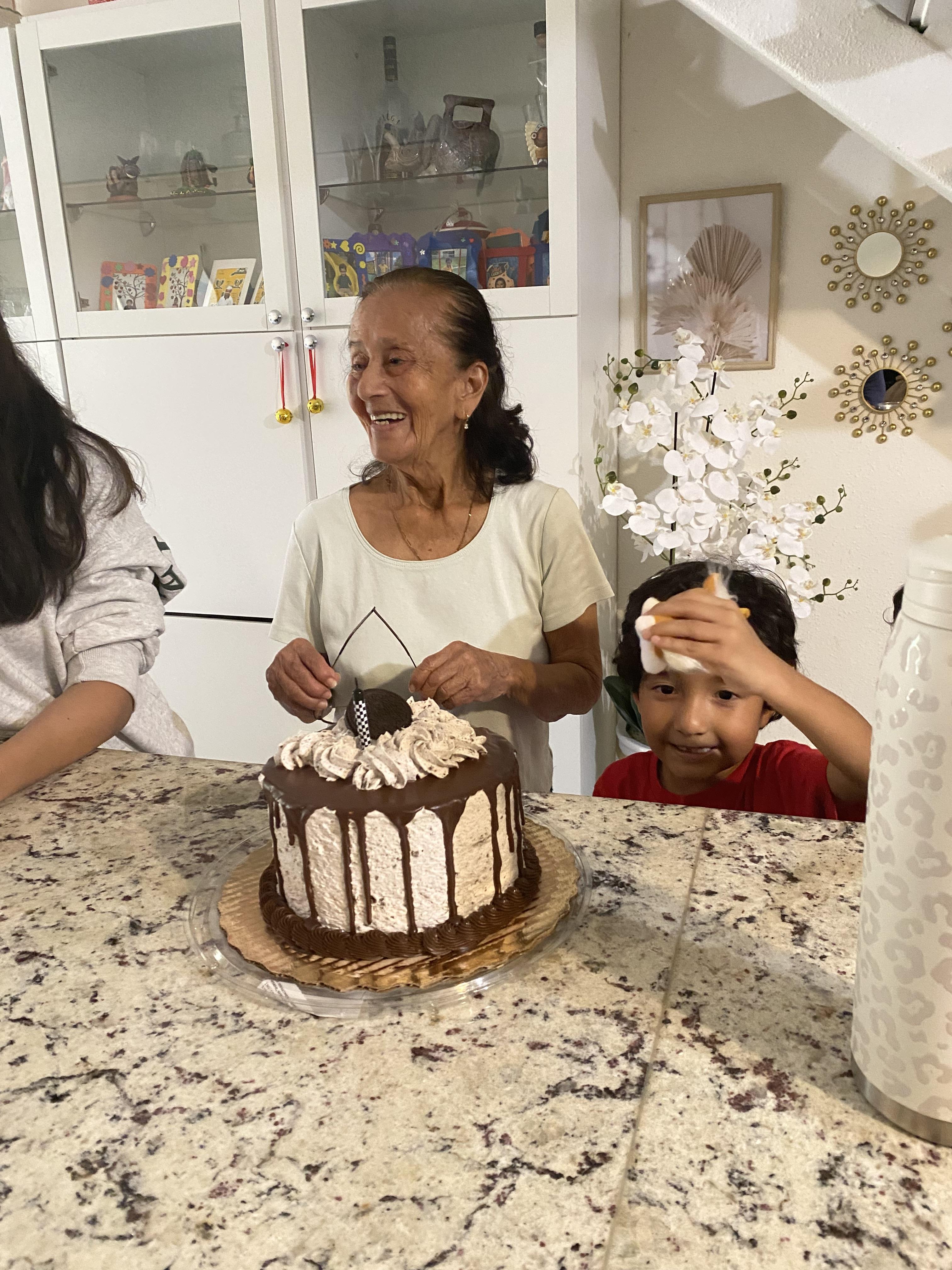 A woman and boy sitting at a table with a cake