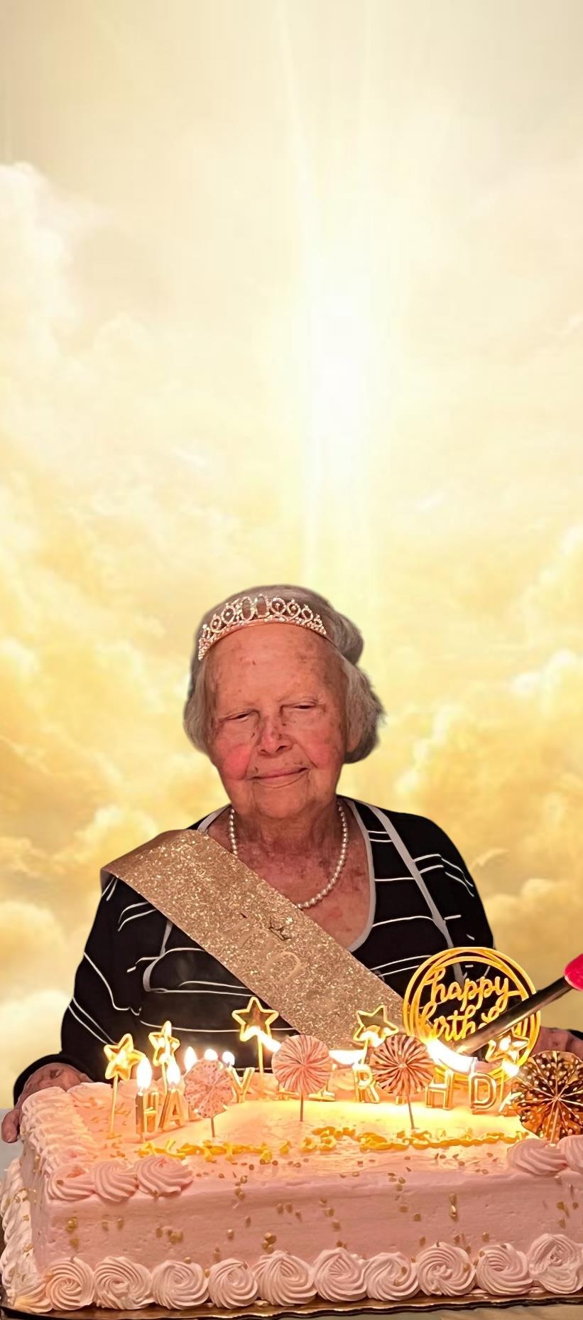 An old woman wearing a tiara and a crown
