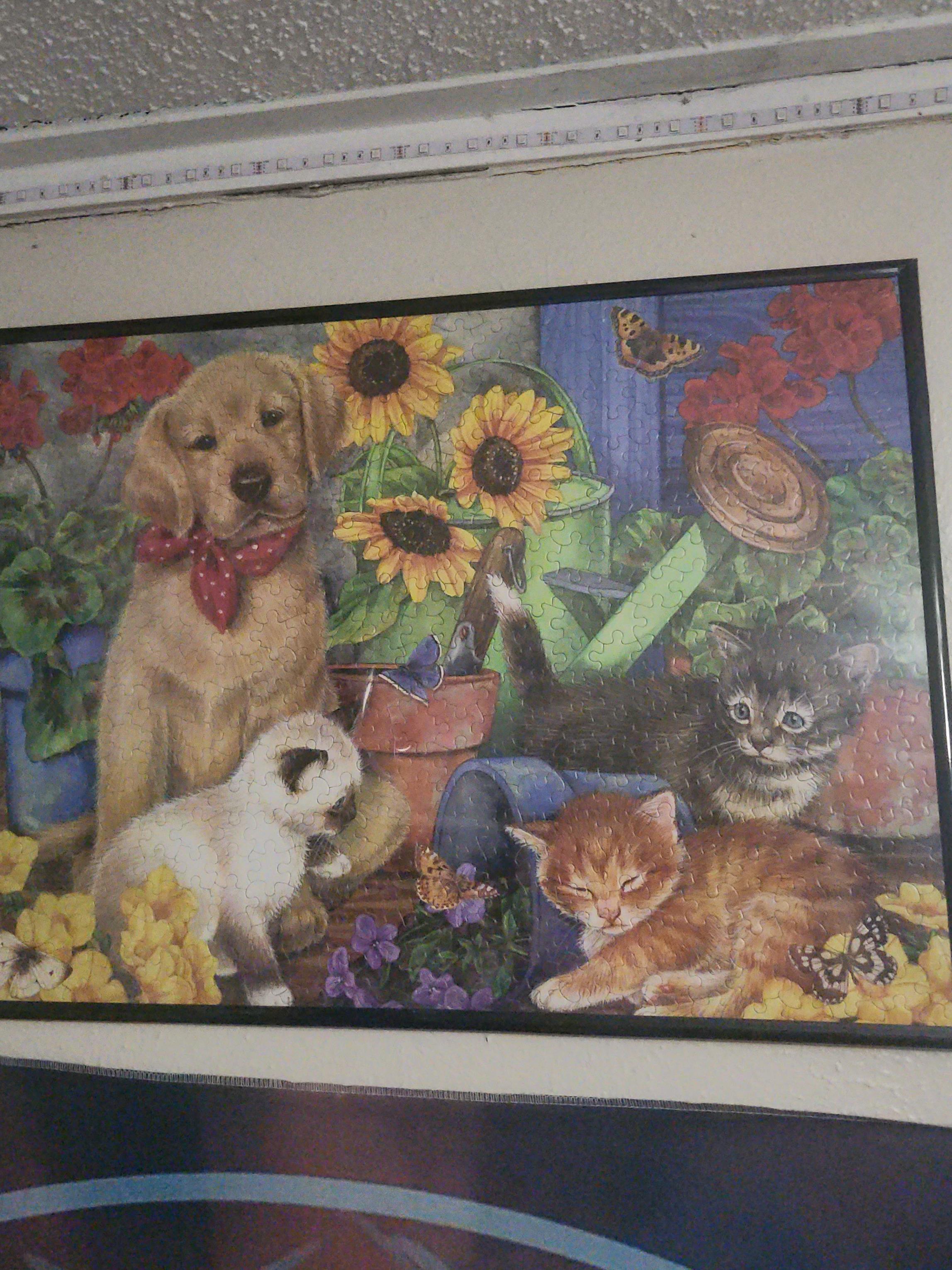 A painting of a dog and kittens