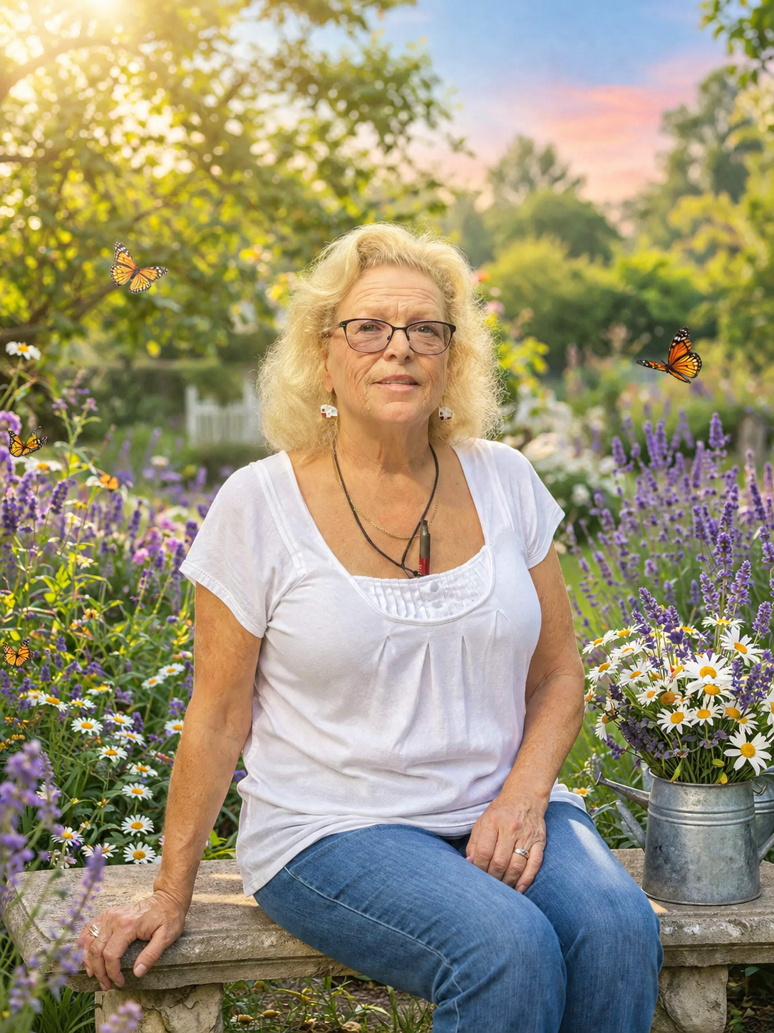 A woman sitting on a bench with butterflies flying around